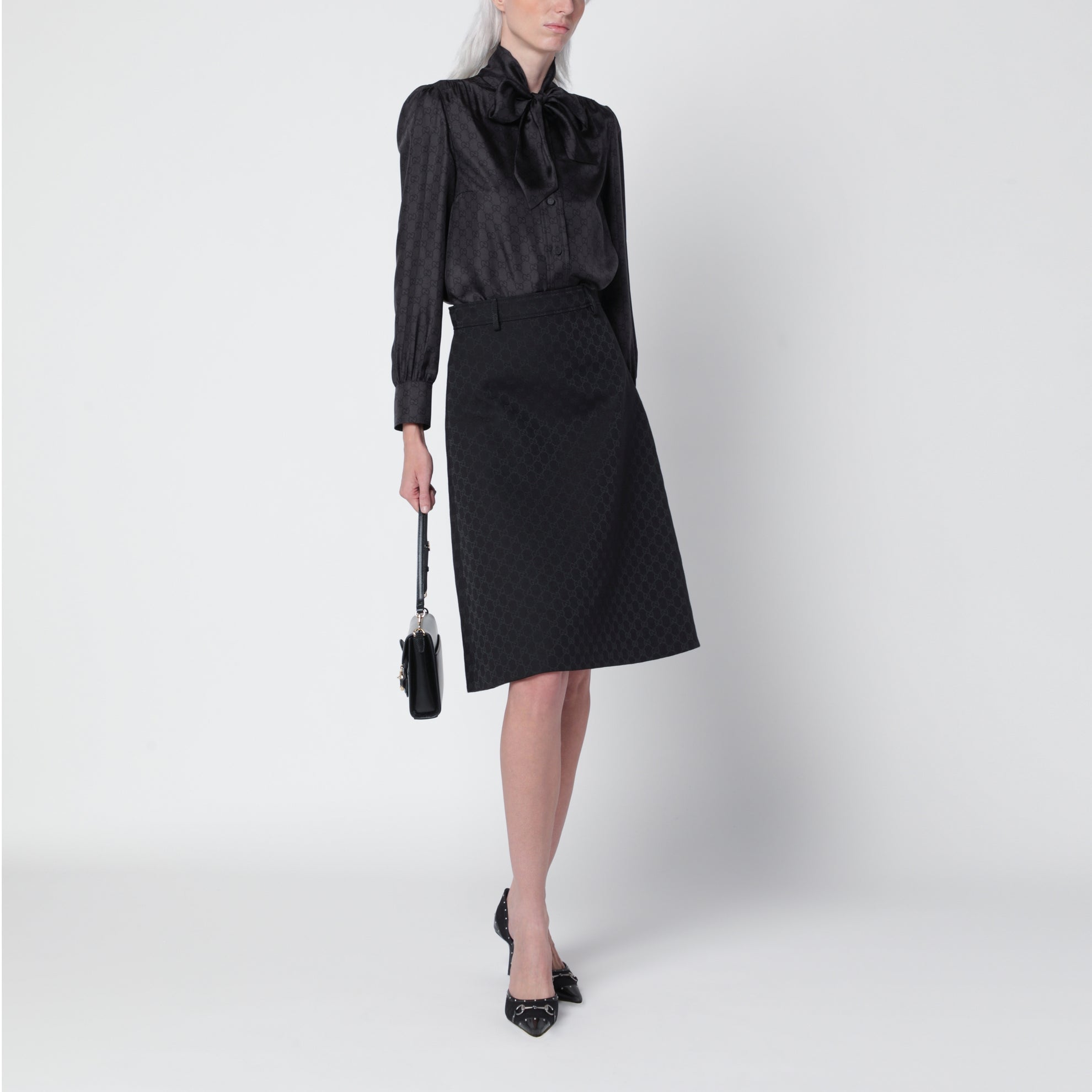 Camicia in twill di seta nera con stampa GG