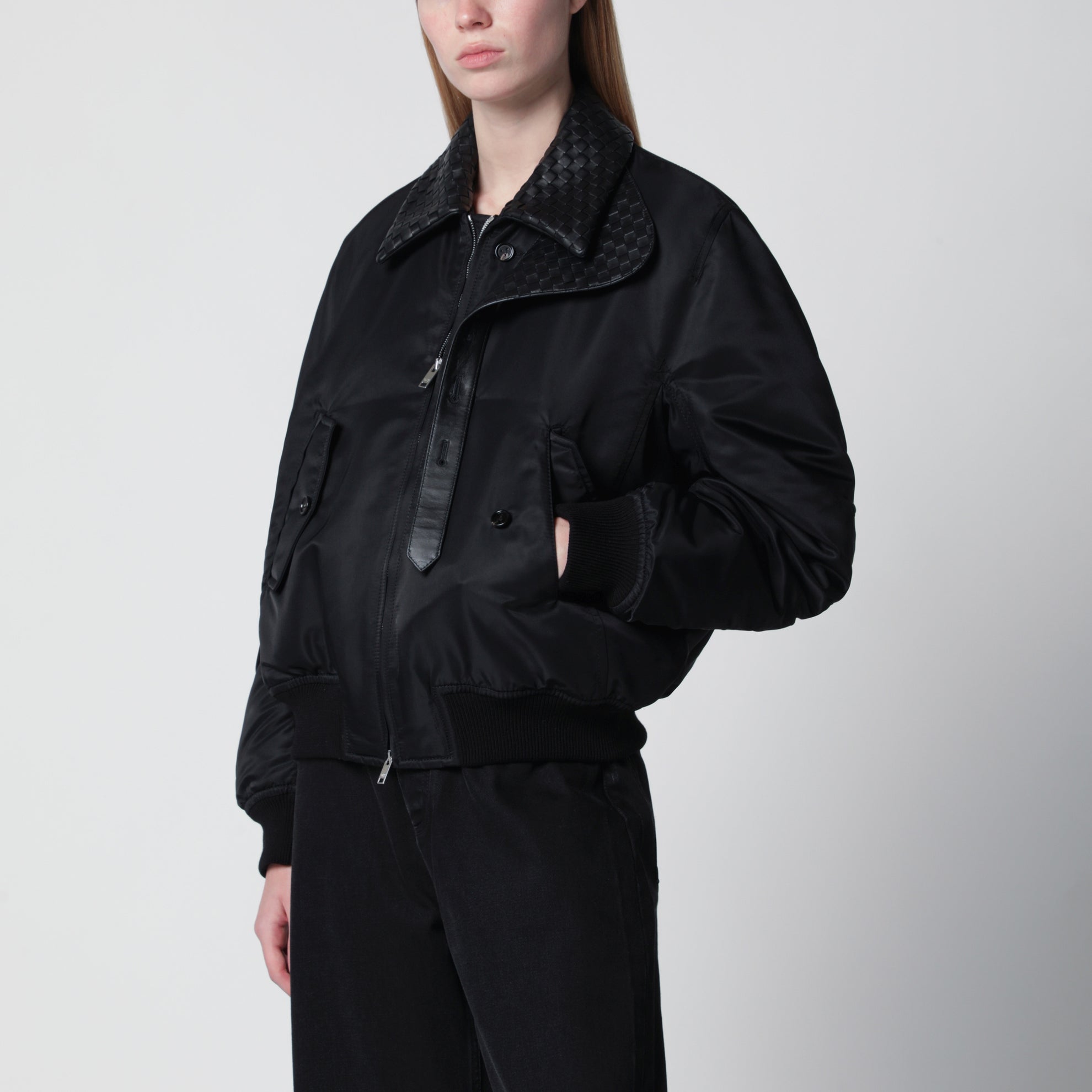 Padded nylon satin bomber jacket in double black