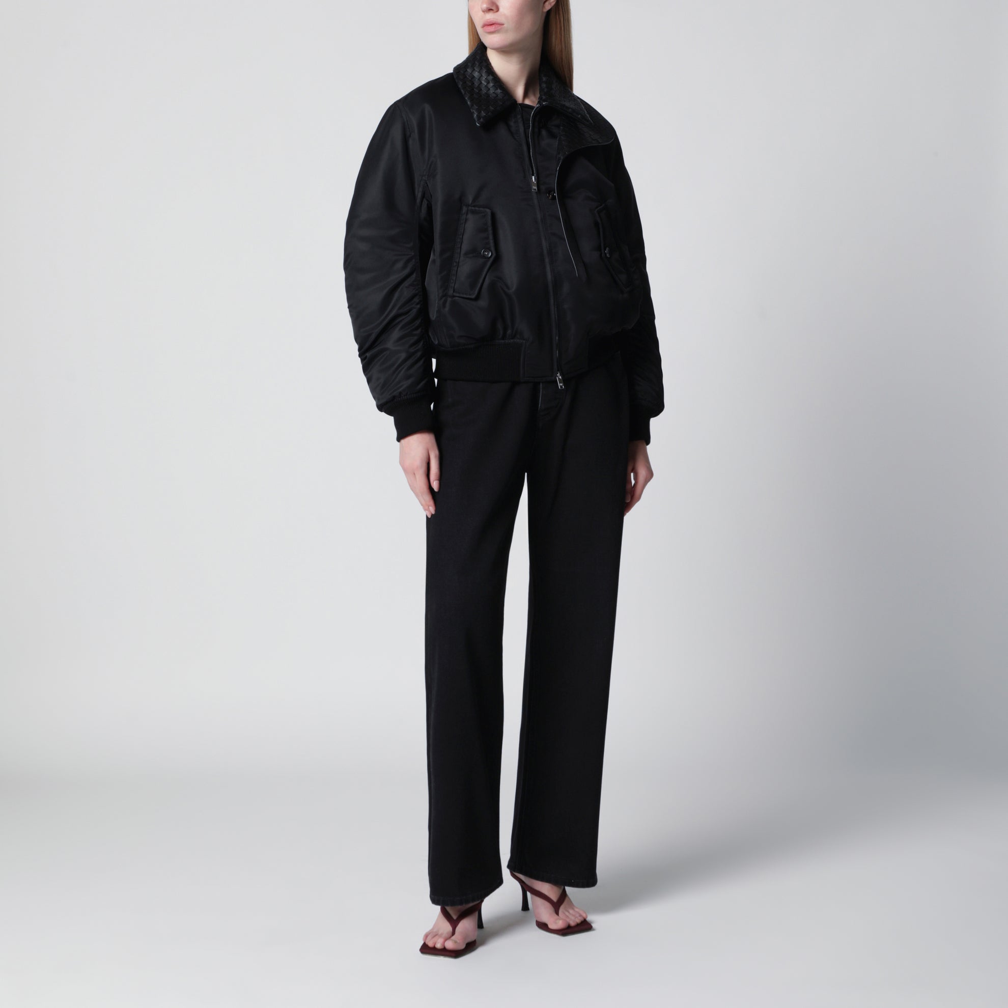 Padded nylon satin bomber jacket in double black