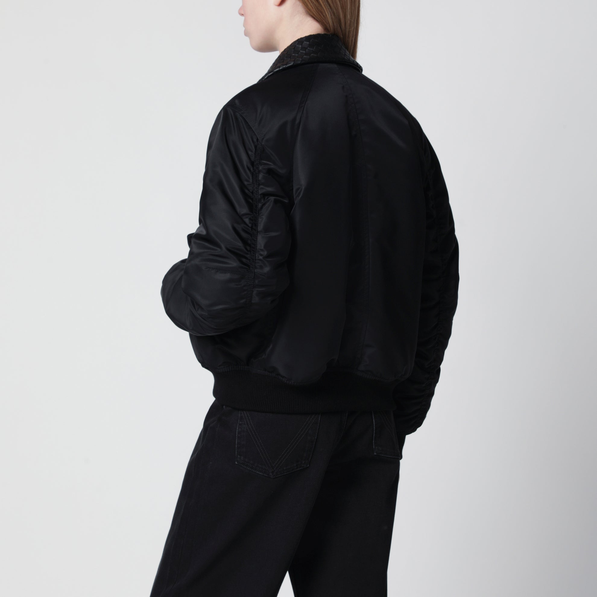 Padded nylon satin bomber jacket in double black