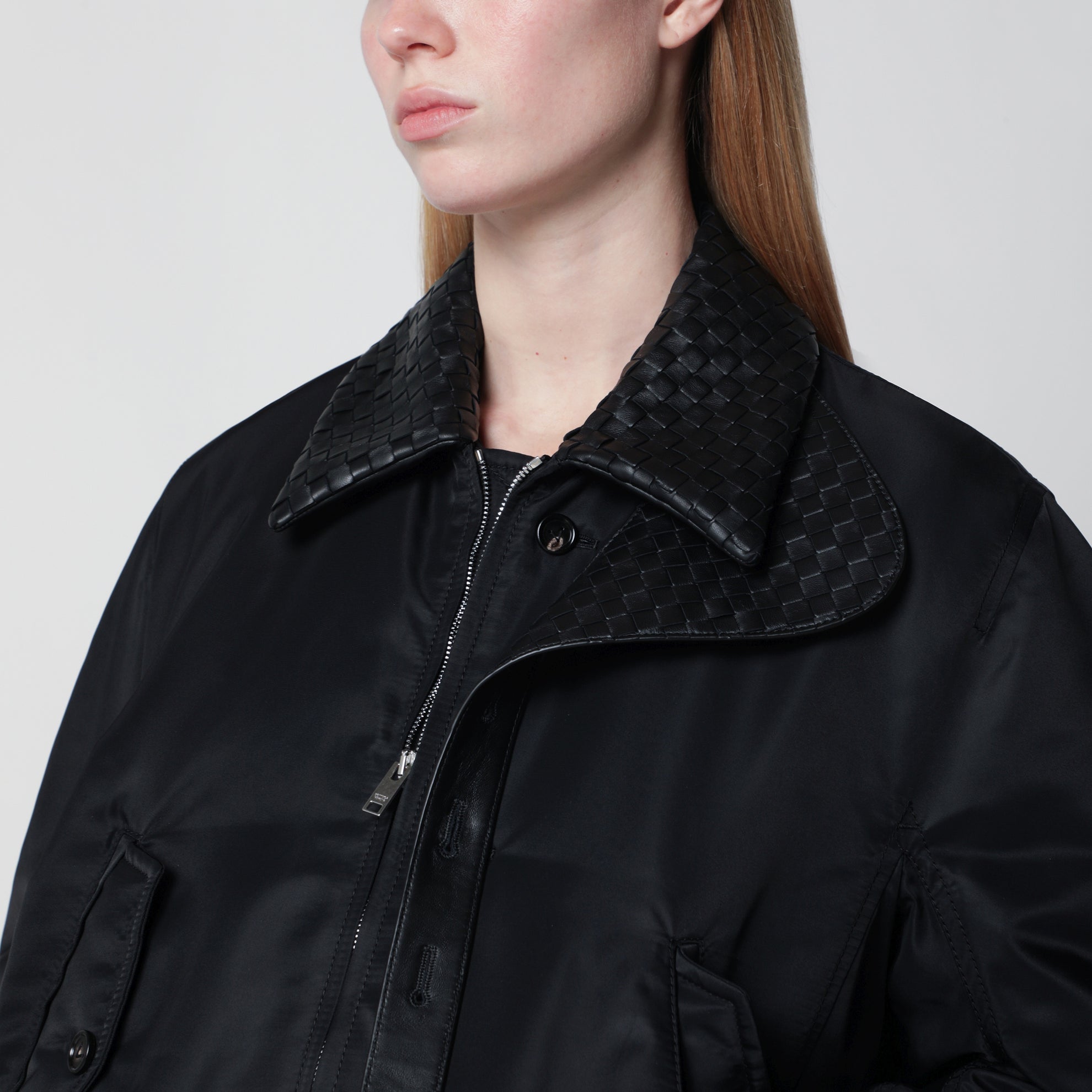 Padded nylon satin bomber jacket in double black