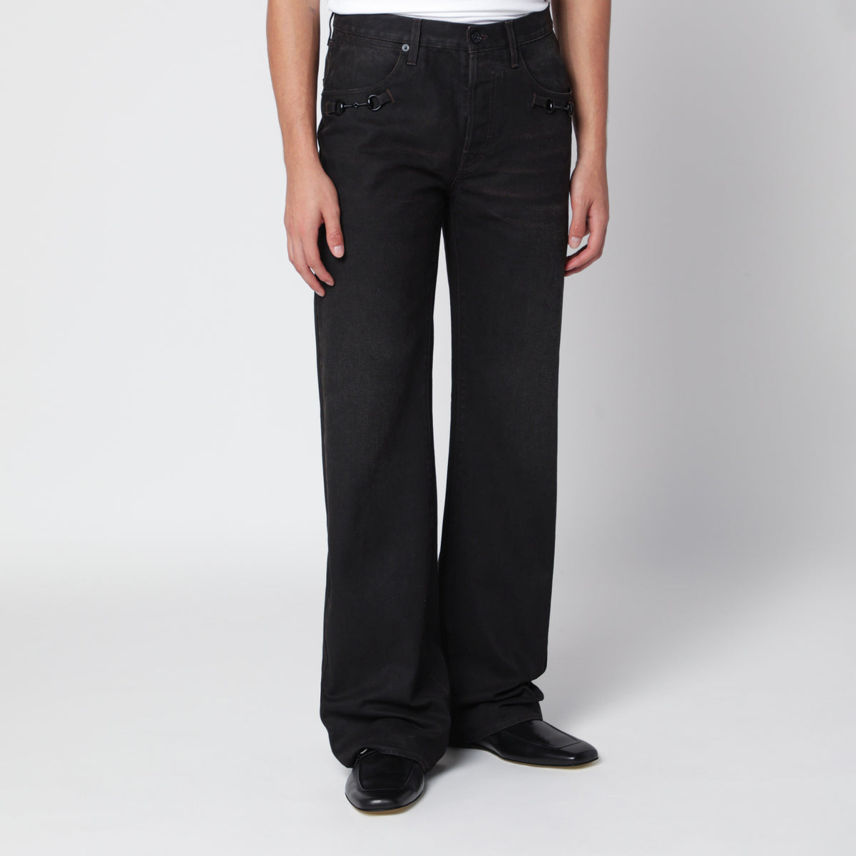 Brown Horsebit flare jeans in denim