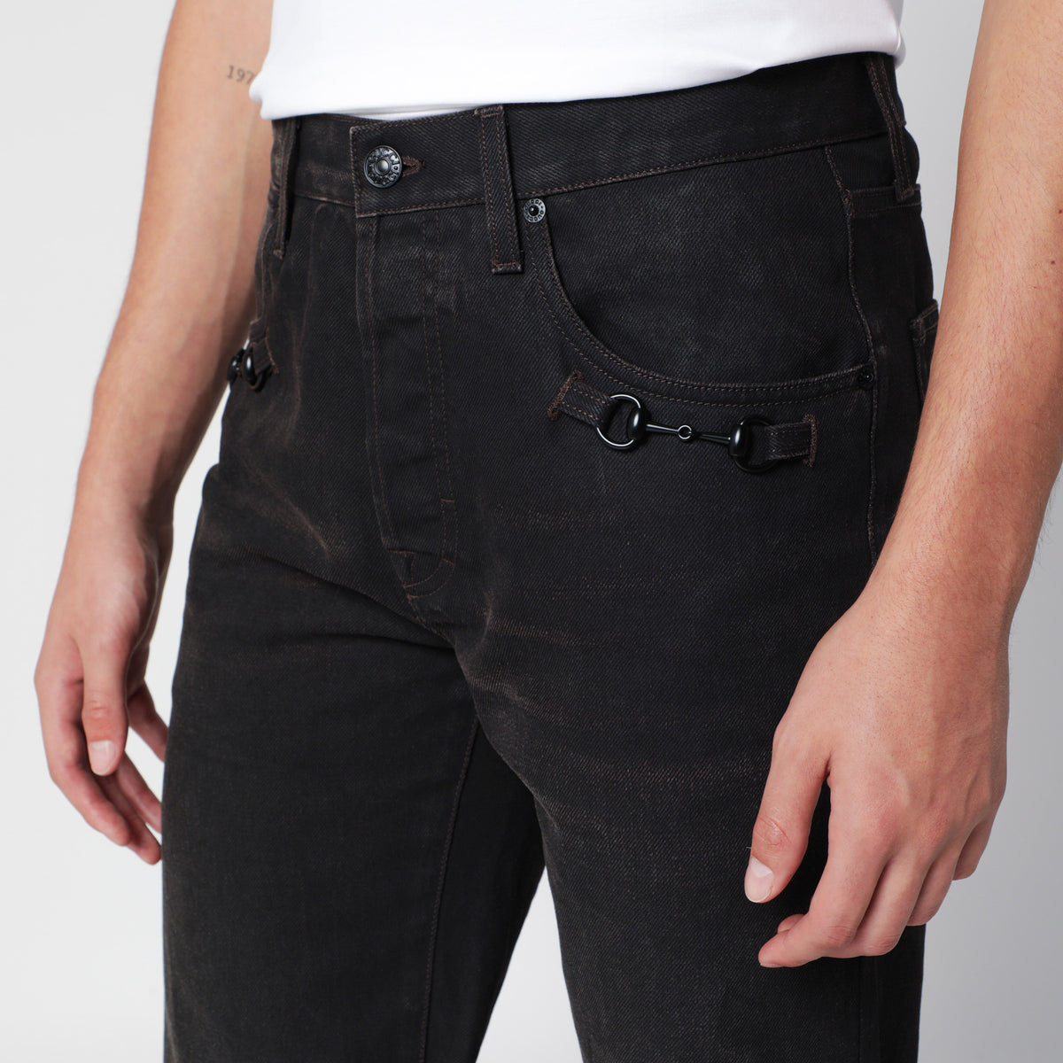 Brown Horsebit flare jeans in denim