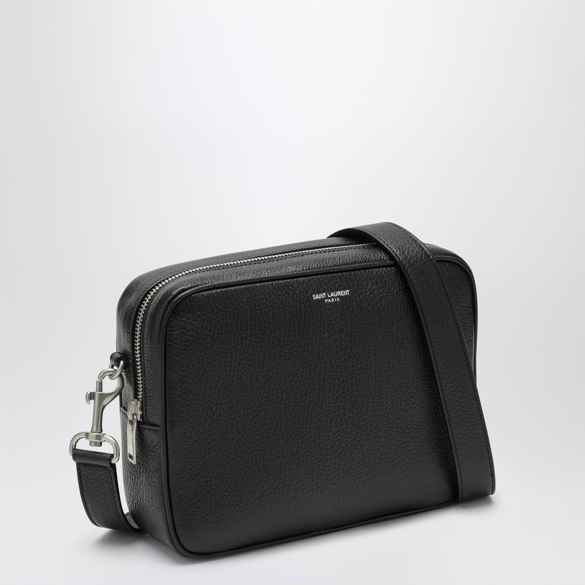 Small black camera bag in hammered leather
