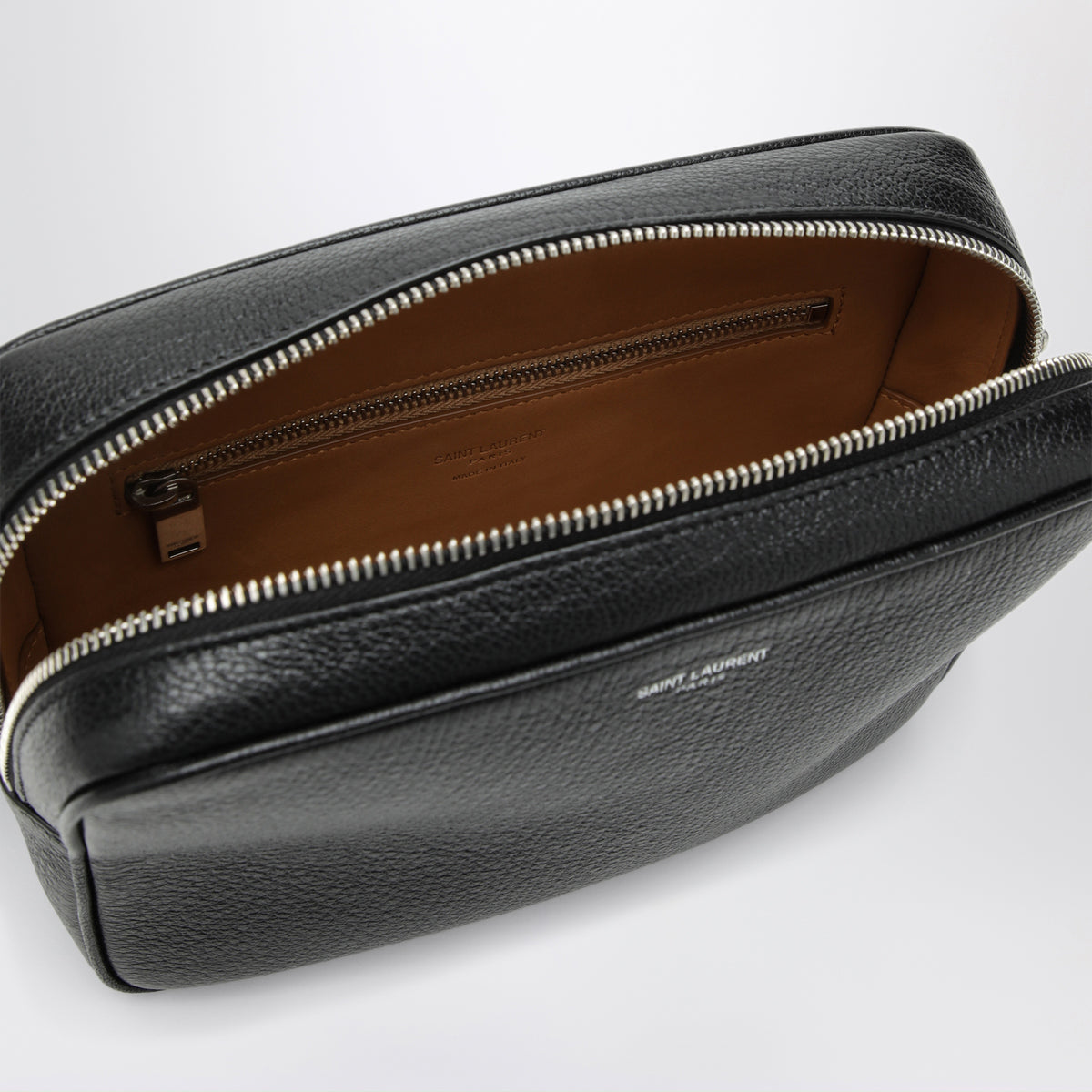 Small black camera bag in hammered leather