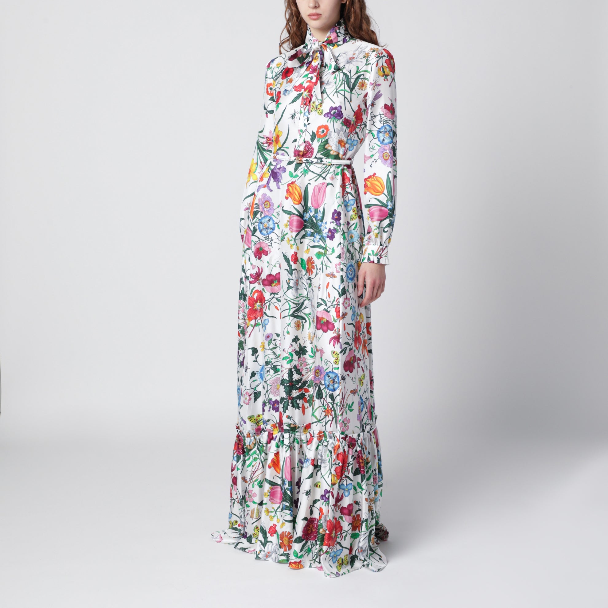 Robe longue en twill de soie multicolore