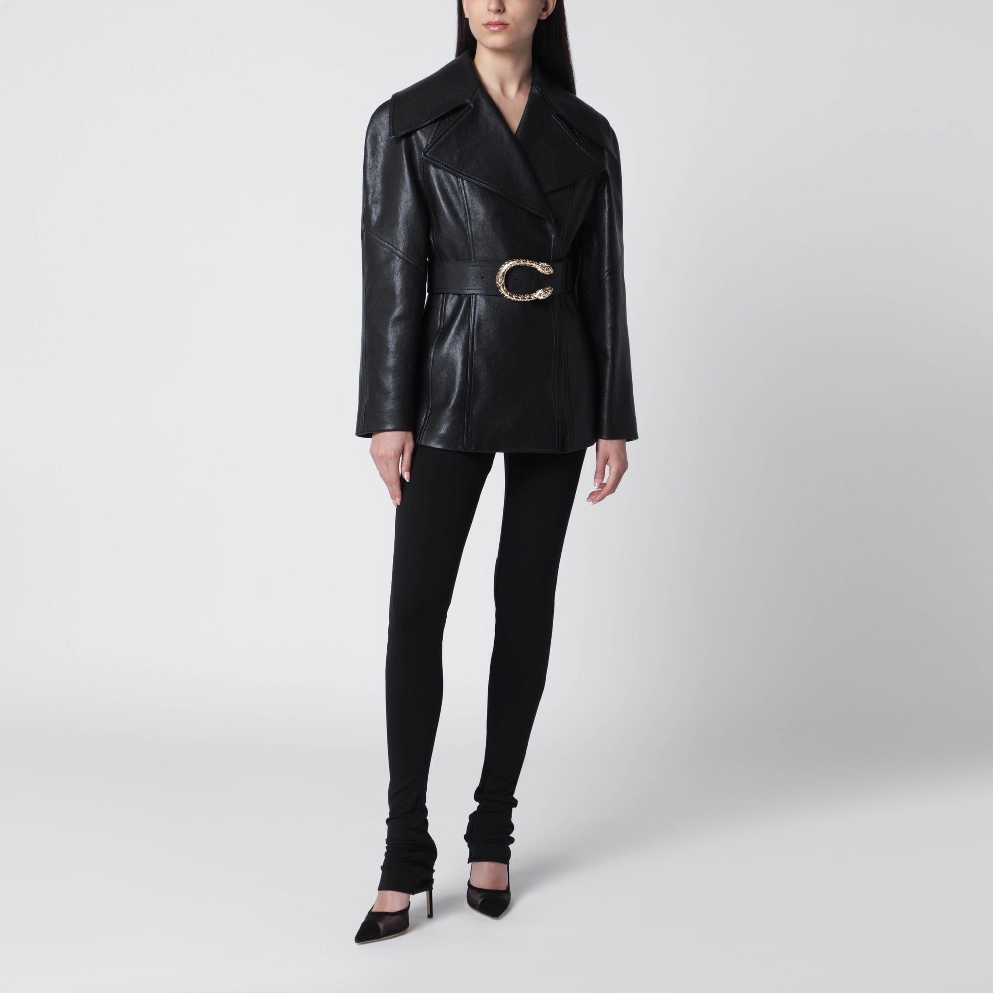 Black leather jacket with Dionysus belt
