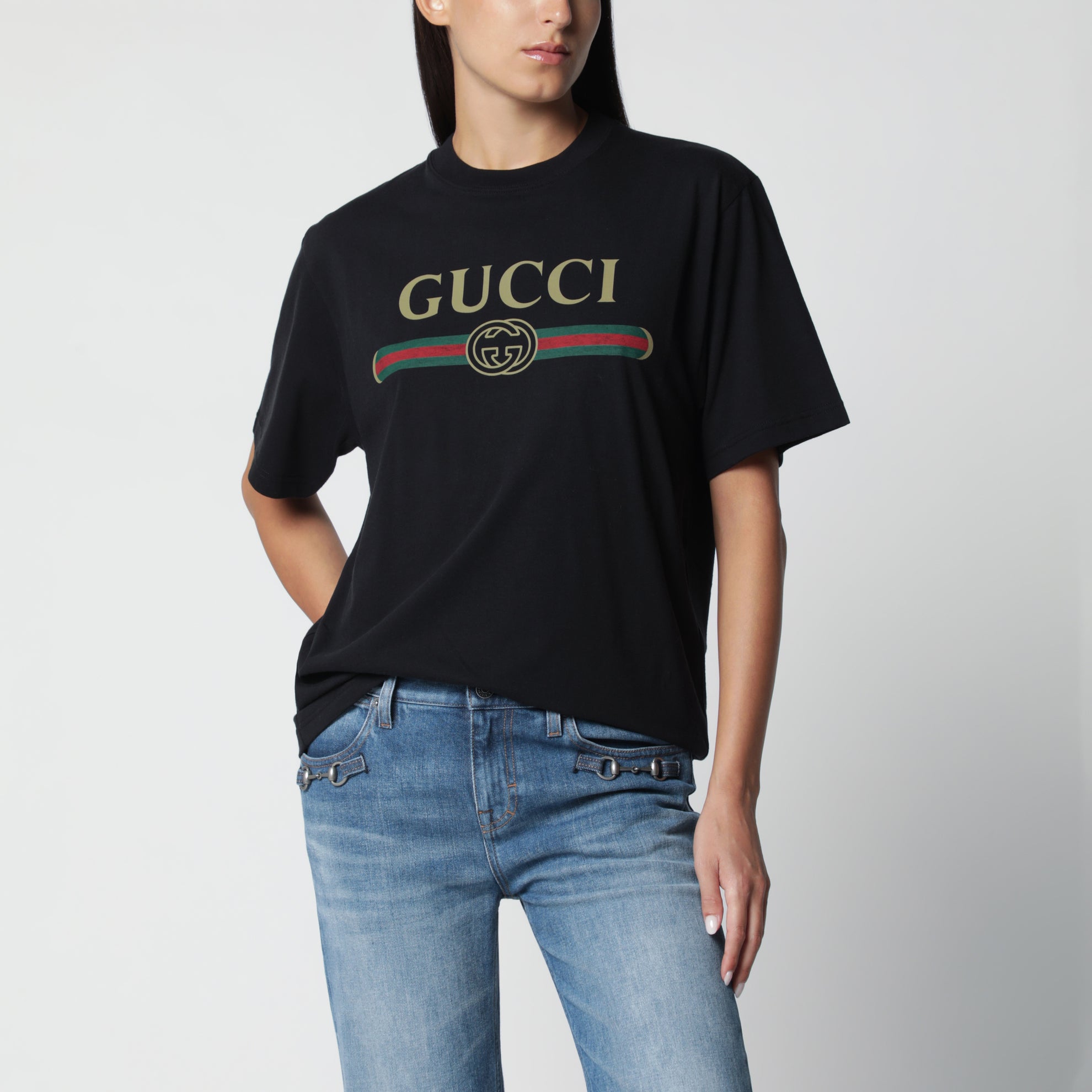 T-shirt in jersey cotone e seta con stampa logo