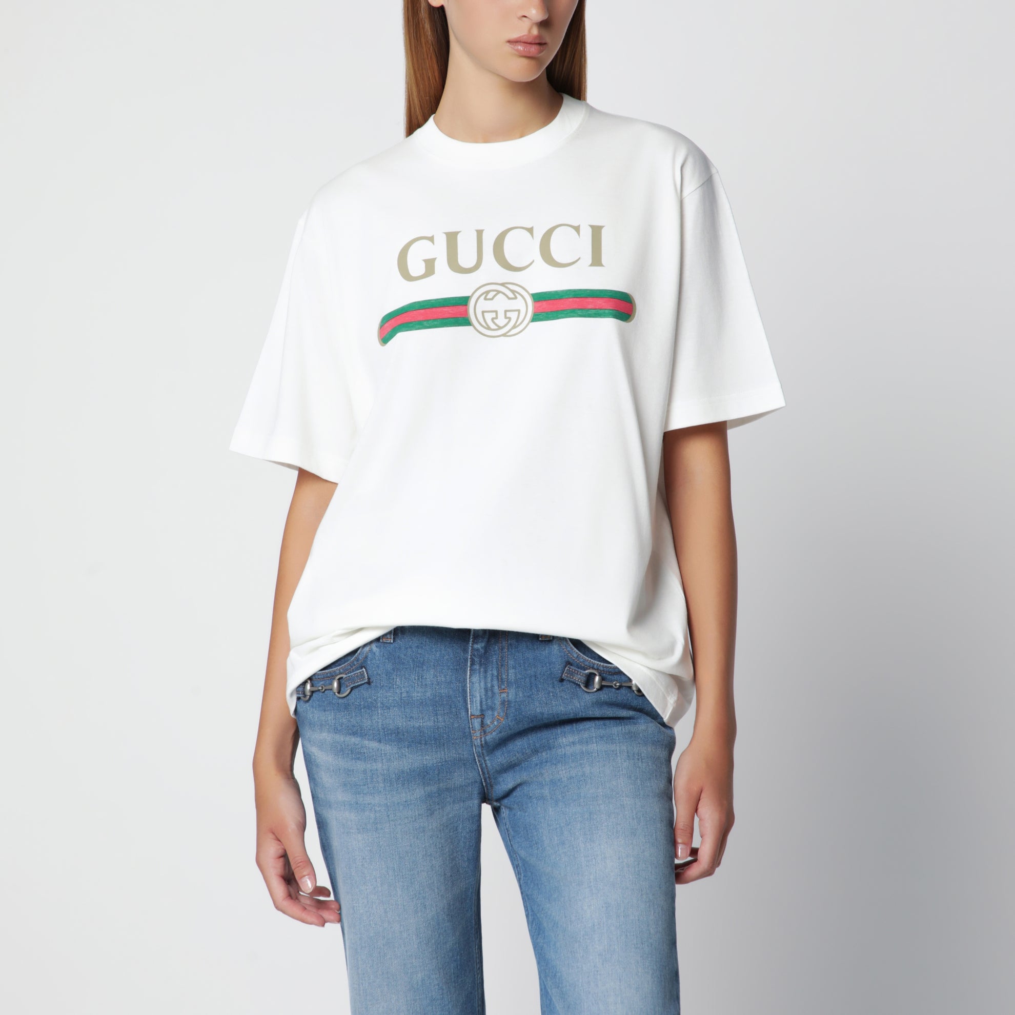 T-shirt in jersey cotone e seta con stampa logo