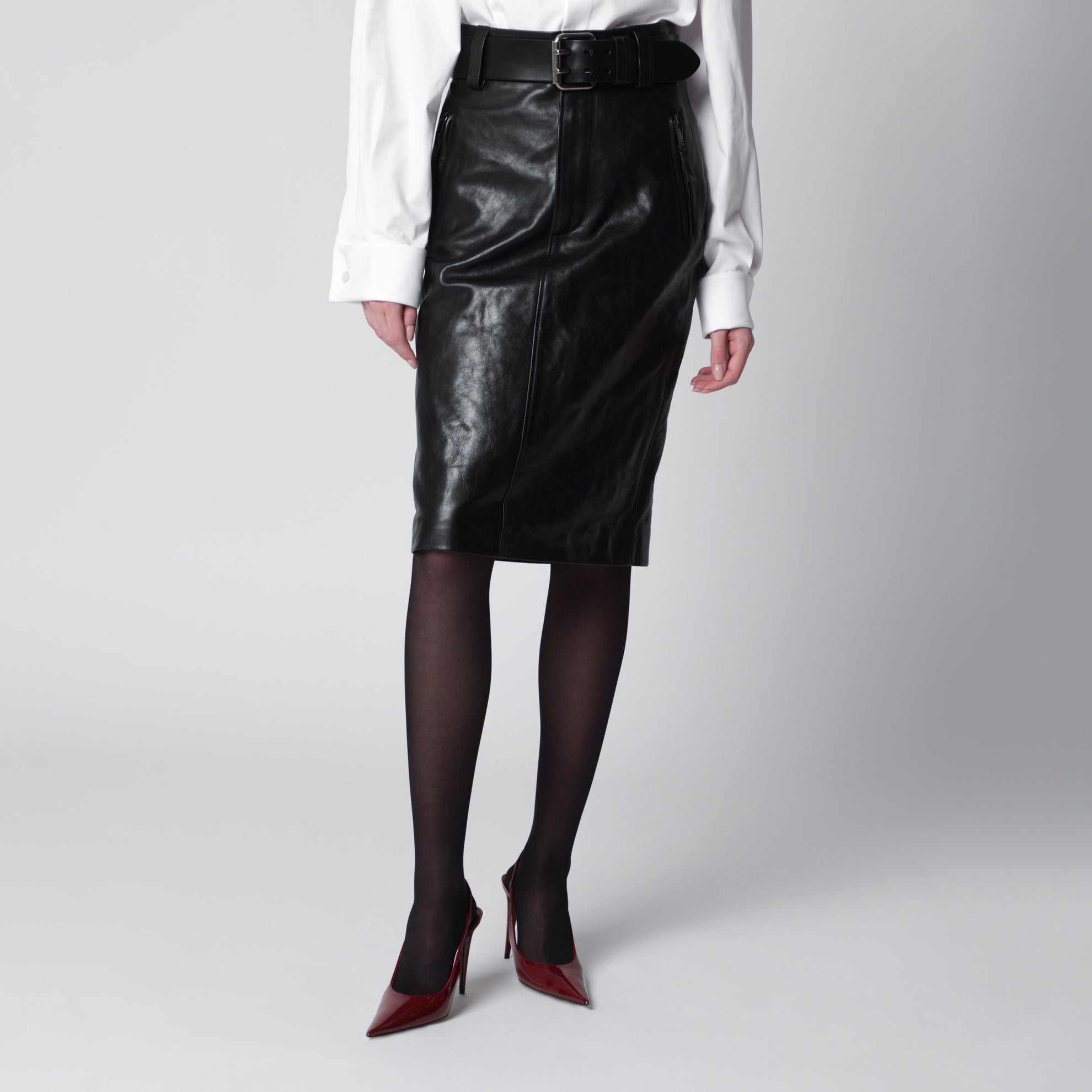 Black crinkled calfskin belted pencil skirt