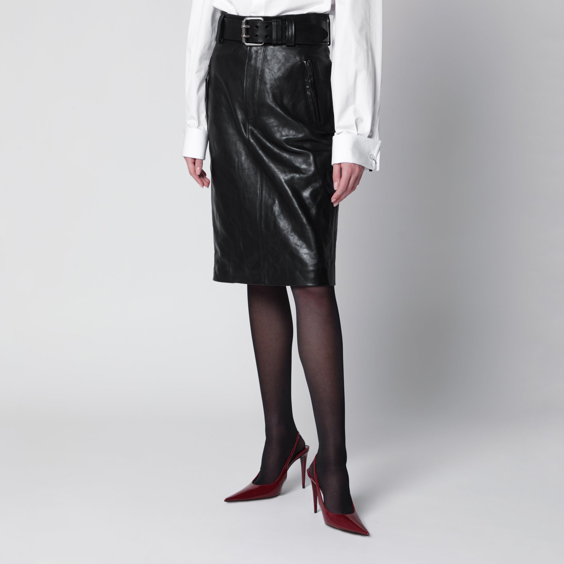 Black crinkled calfskin belted pencil skirt