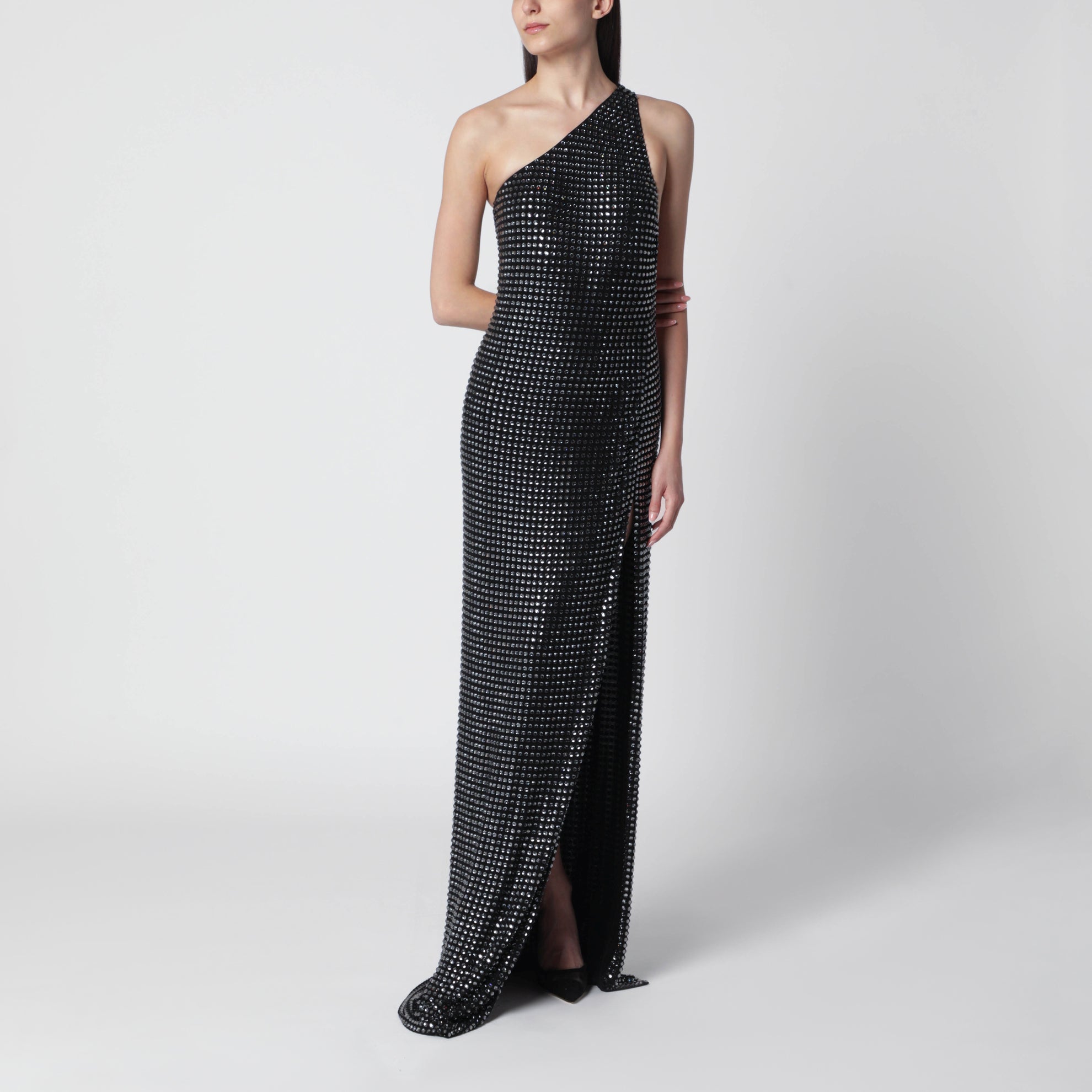 Robe longue asymétrique en jersey noir à cristaux