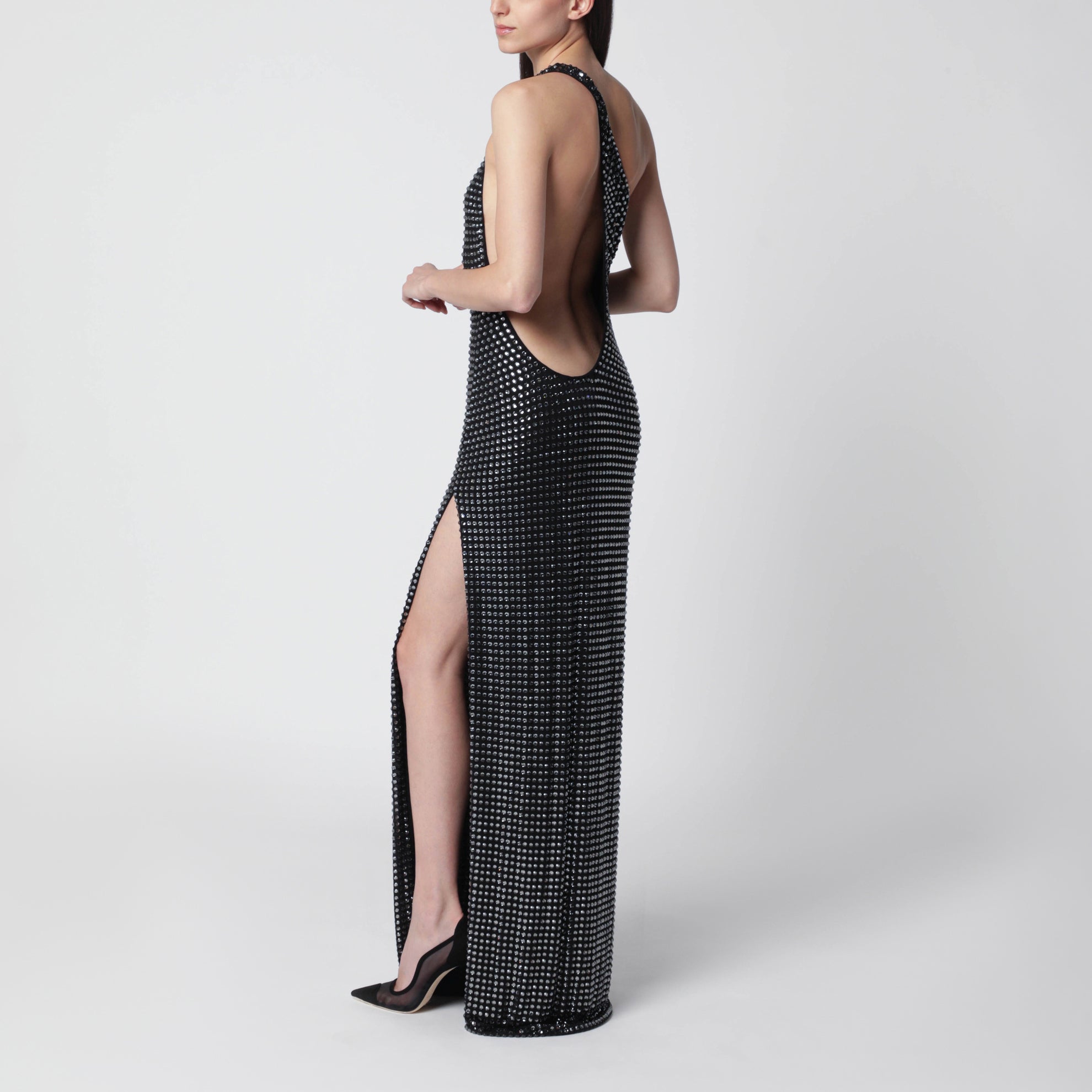 Robe longue asymétrique en jersey noir à cristaux
