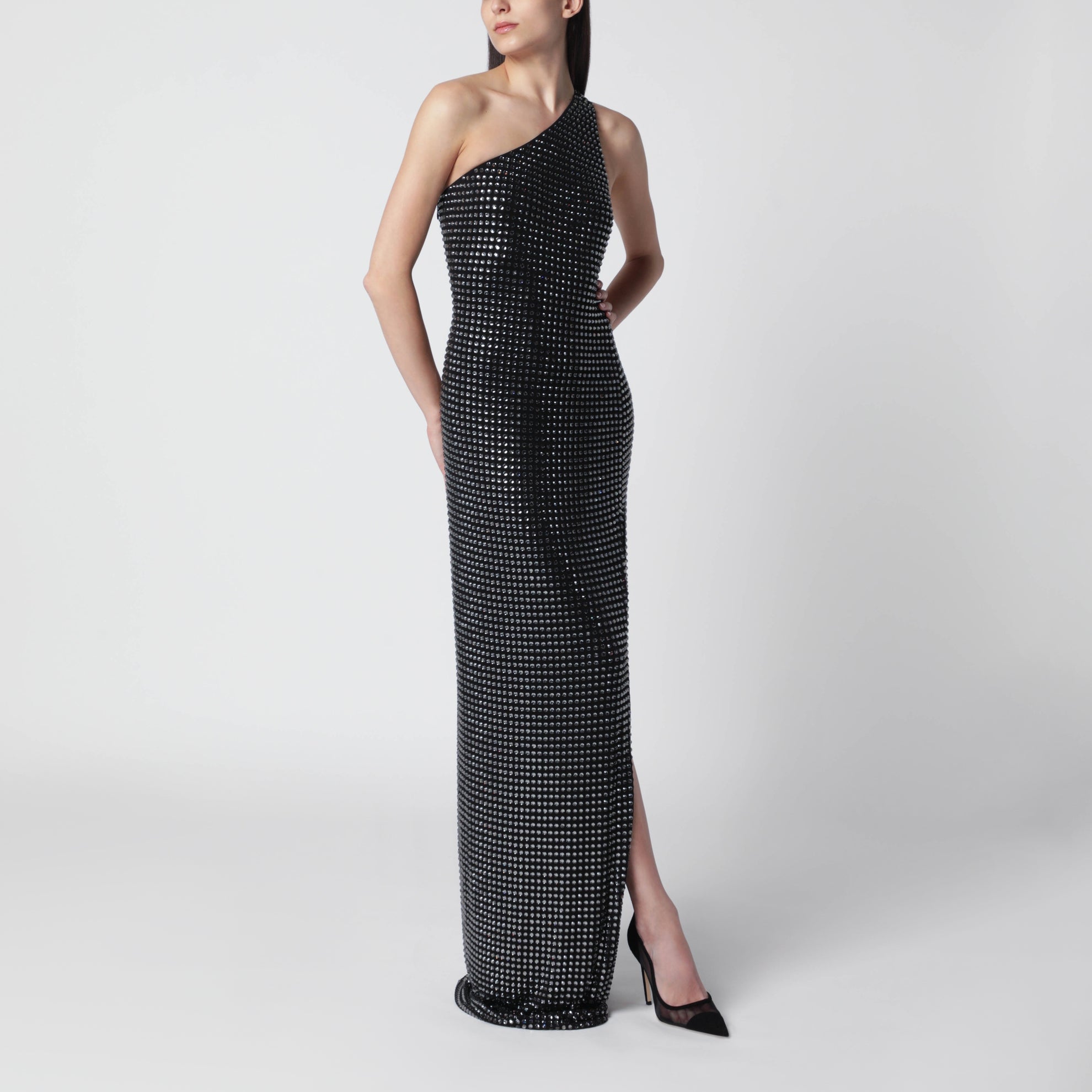 Robe longue asymétrique en jersey noir à cristaux