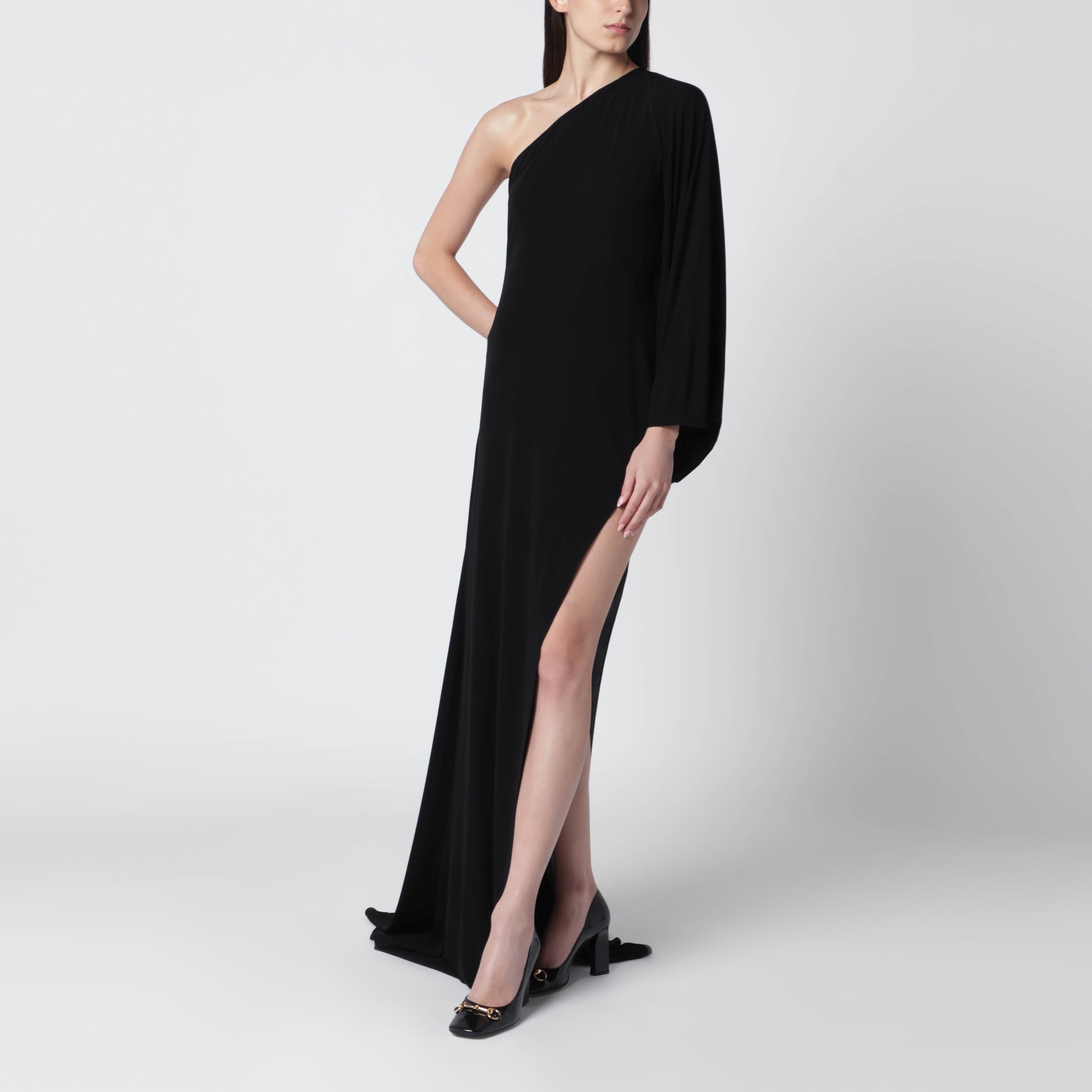 Langes One-Shoulder-Kleid aus schwarzem Viskose-Jersey