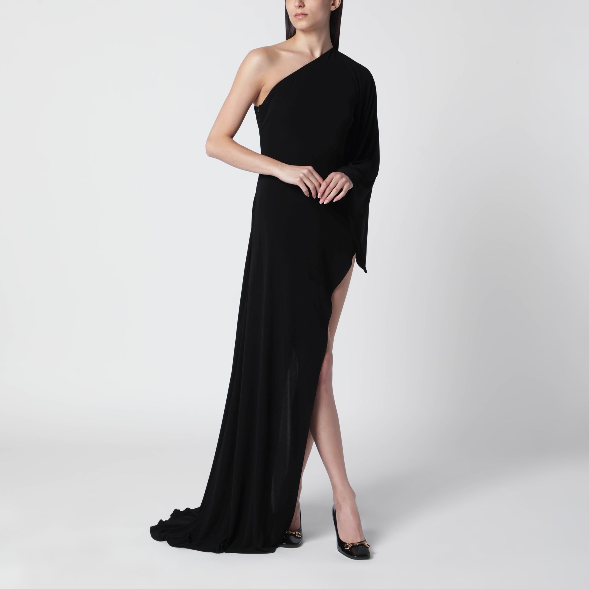 Langes One-Shoulder-Kleid aus schwarzem Viskose-Jersey