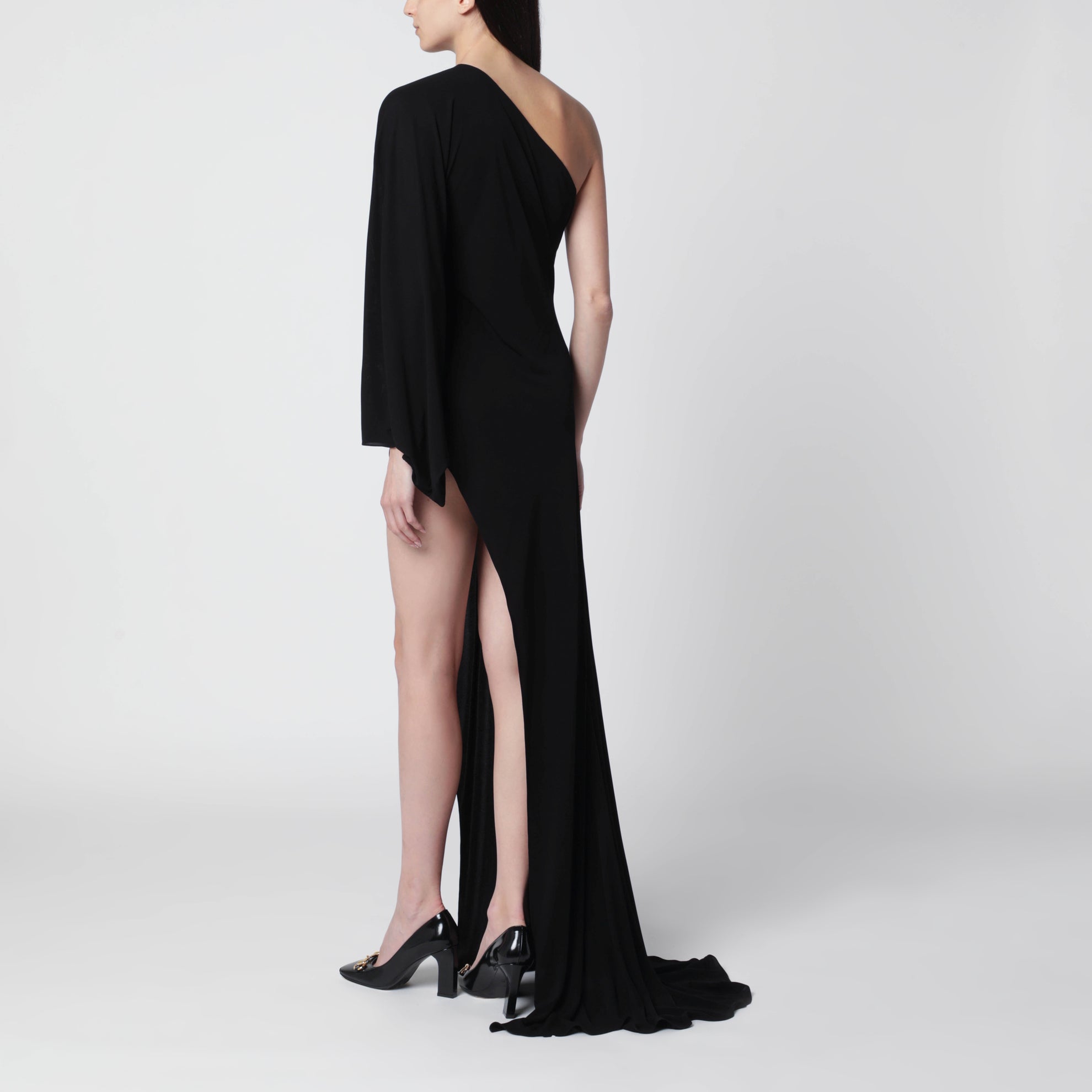Langes One-Shoulder-Kleid aus schwarzem Viskose-Jersey