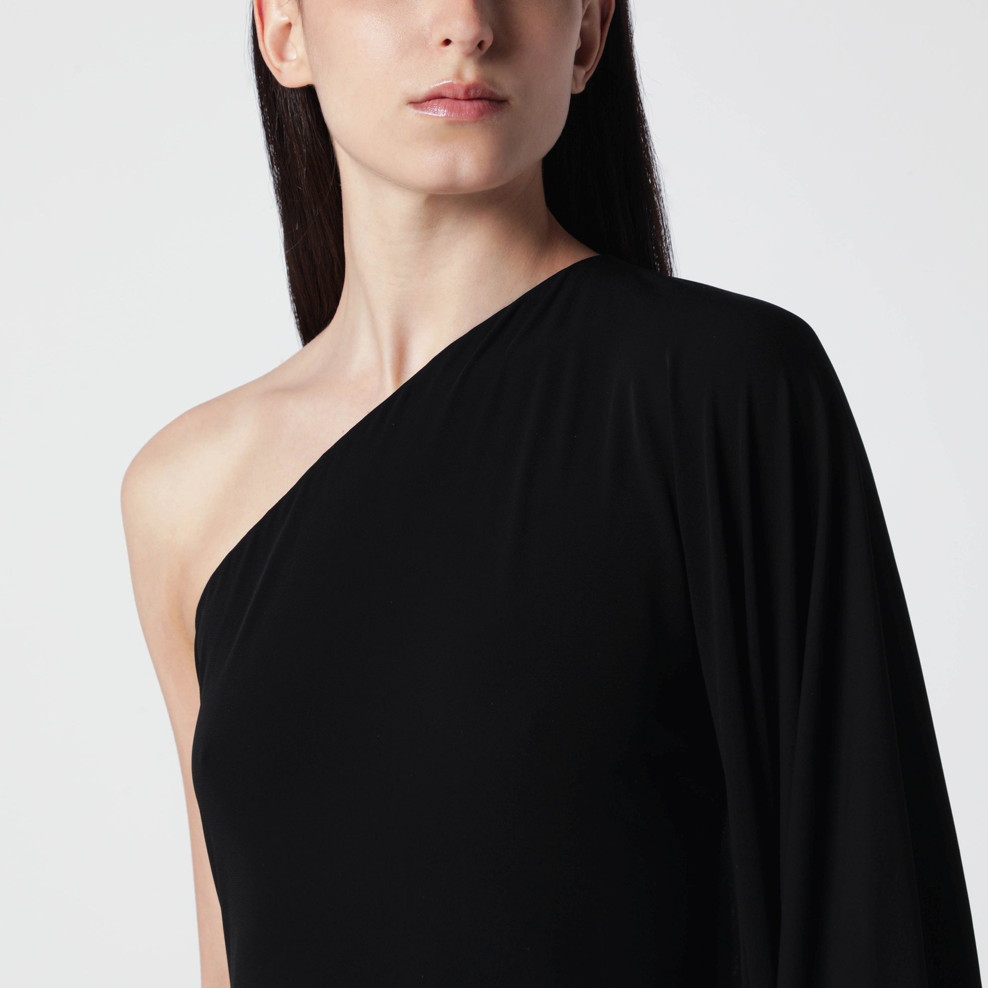 Langes One-Shoulder-Kleid aus schwarzem Viskose-Jersey