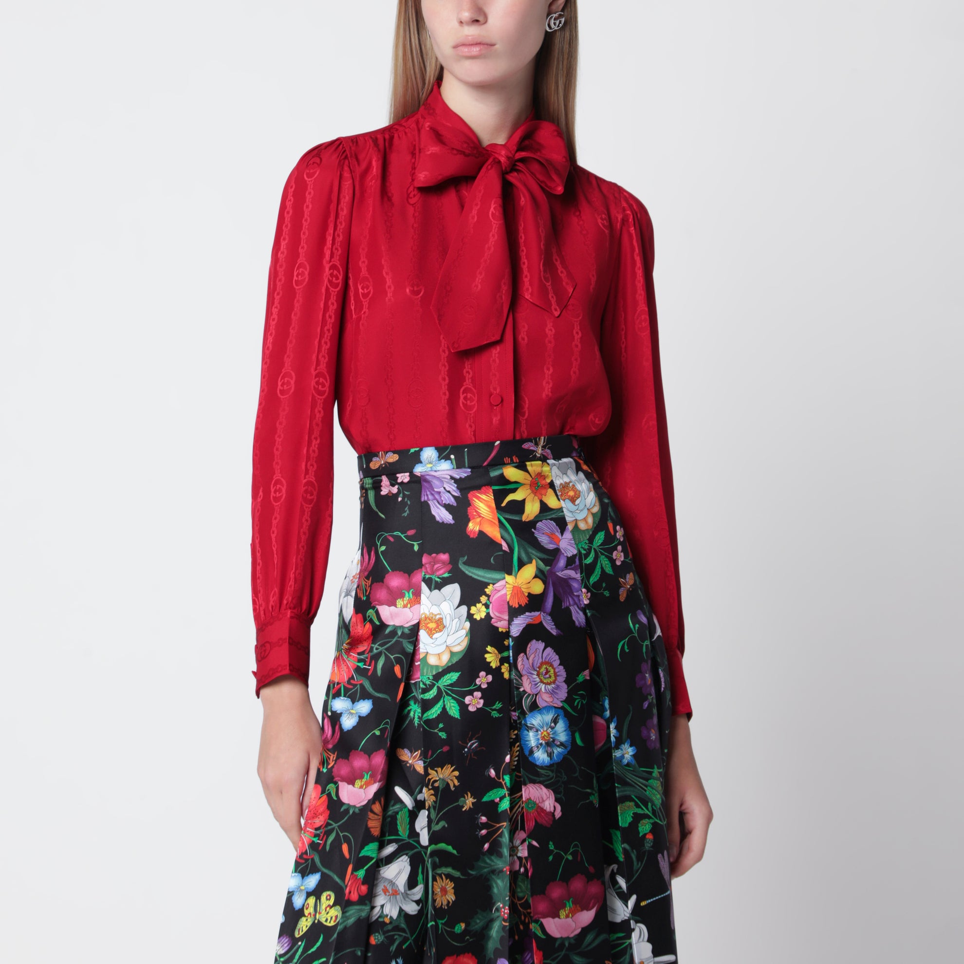 Red silk jacquard shirt with Interlocking GG chain motif
