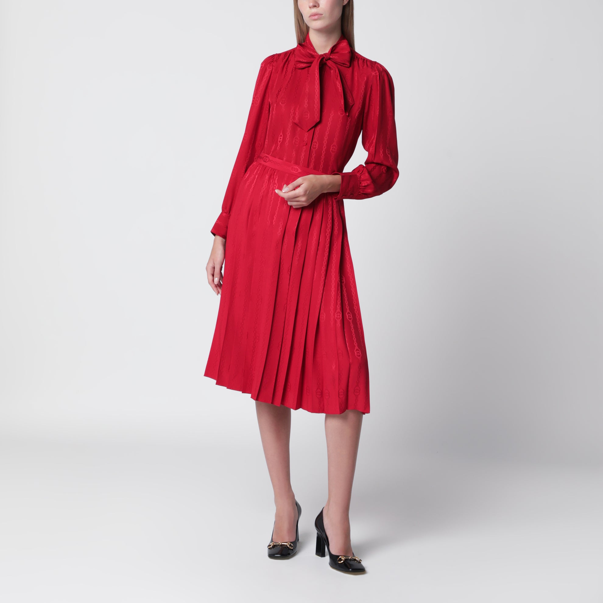 Gonna midi plissettata in seta jacquard rosso fuoco
