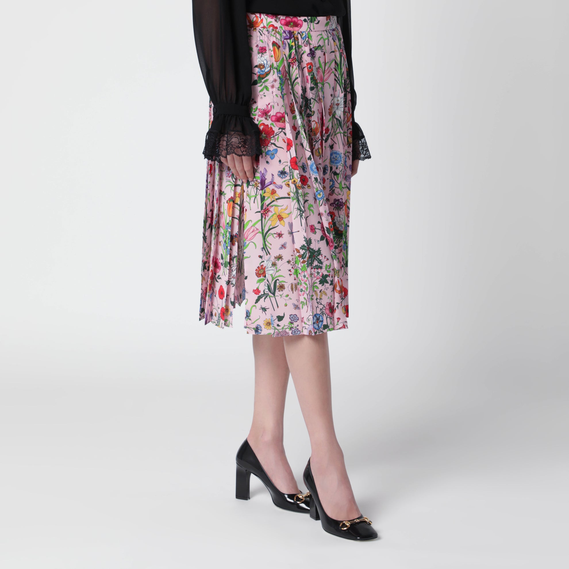 Midi-Faltenrock aus Seide mit Flora-Print in Rosa