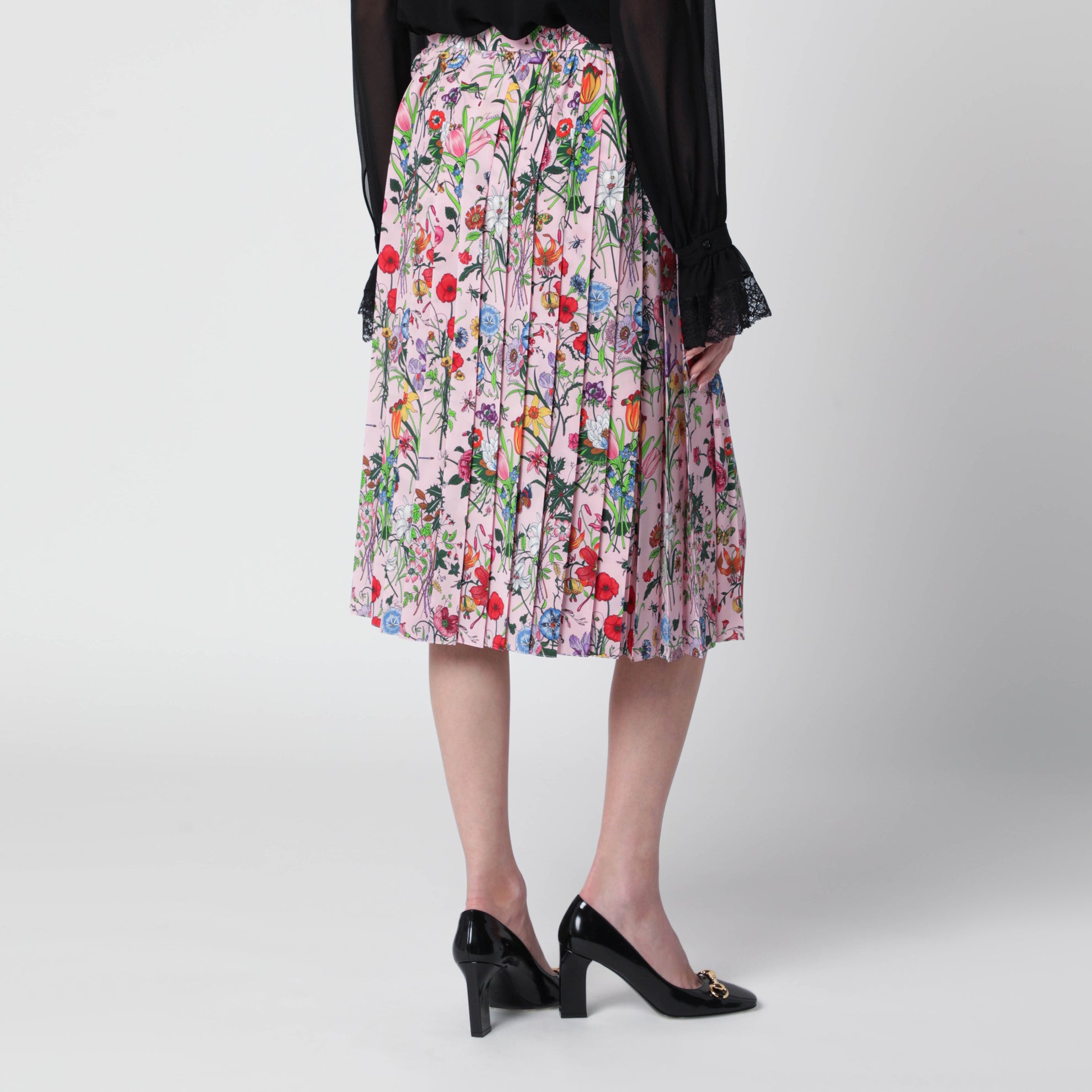 Midi-Faltenrock aus Seide mit Flora-Print in Rosa