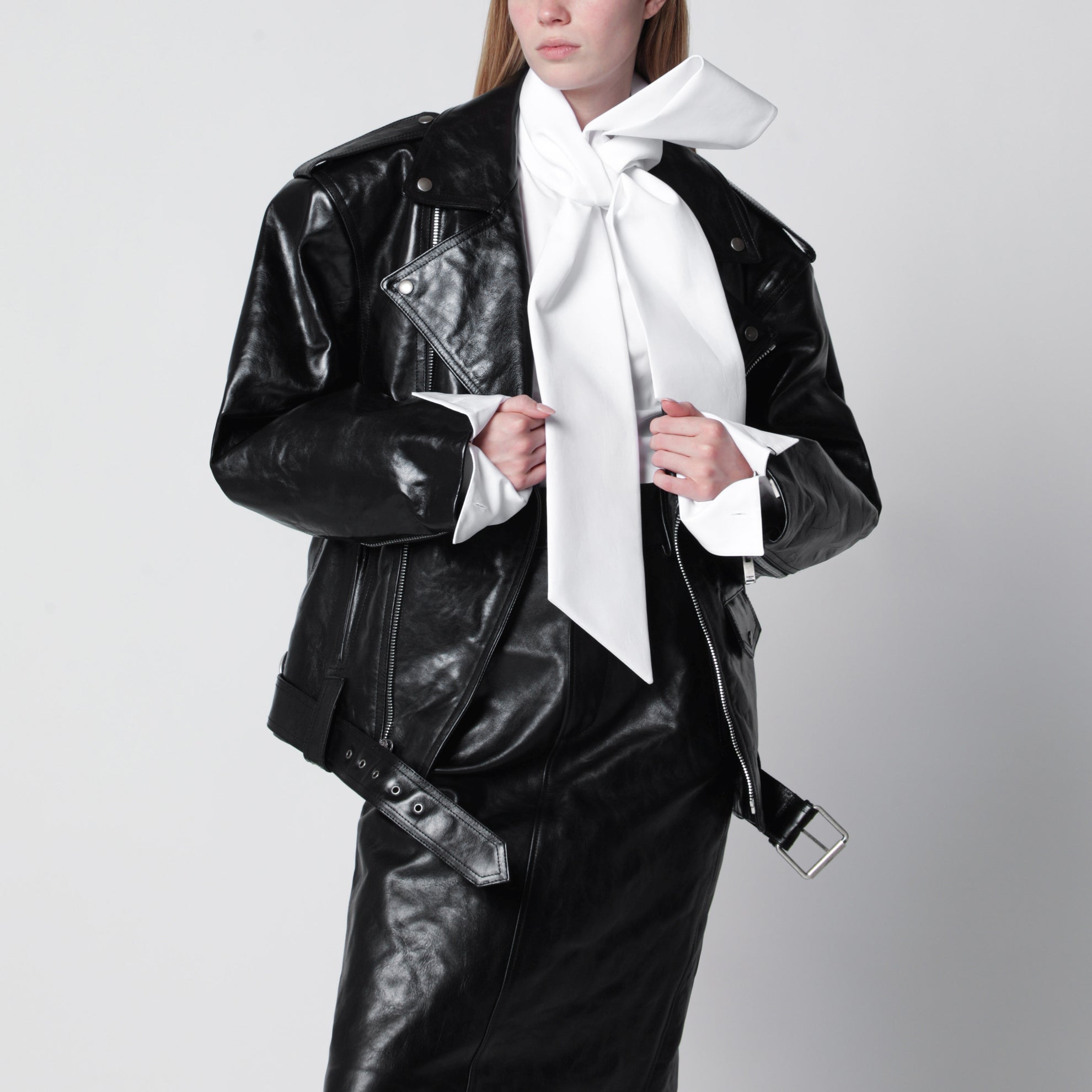 Pebbled leather biker jacket in black