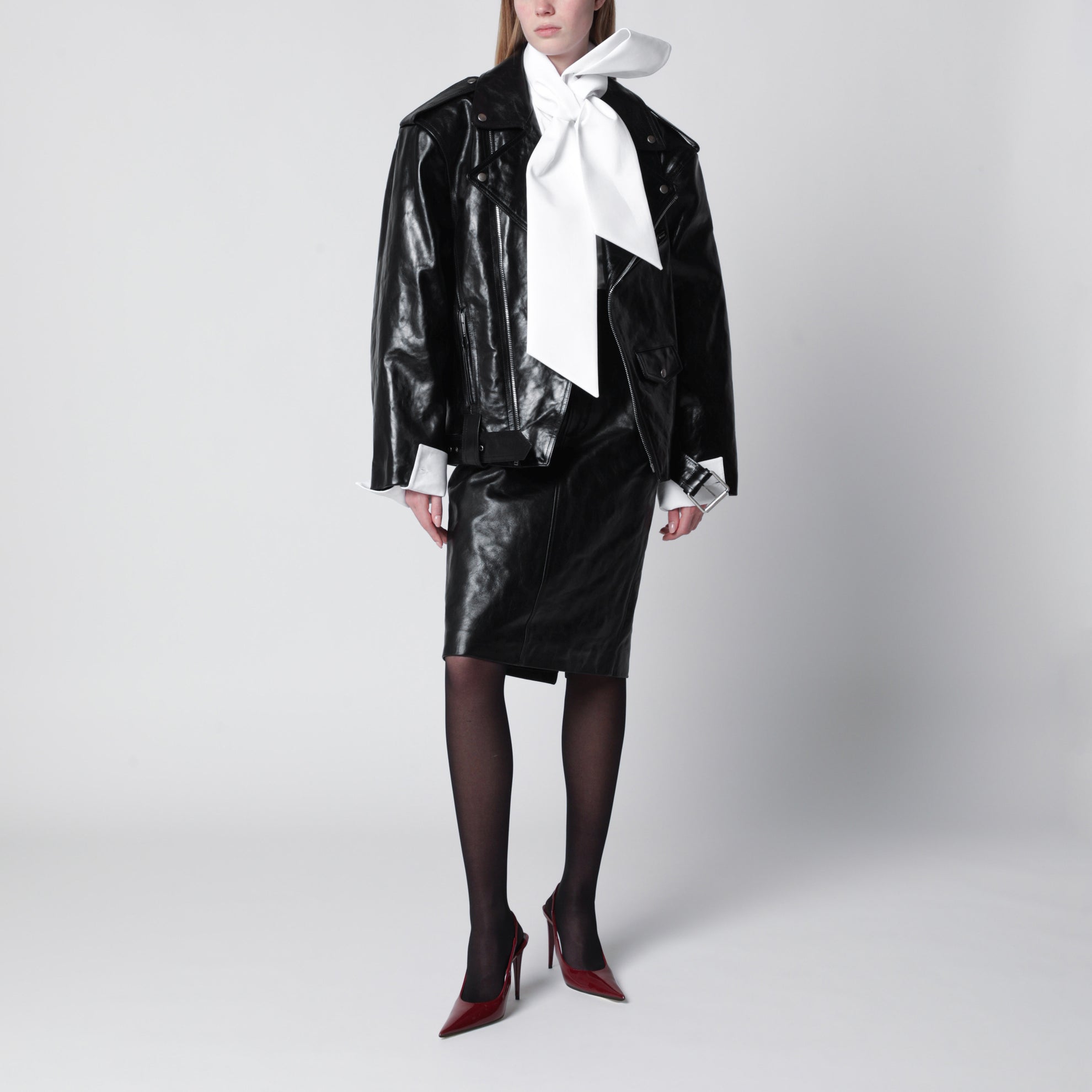 Pebbled leather biker jacket in black