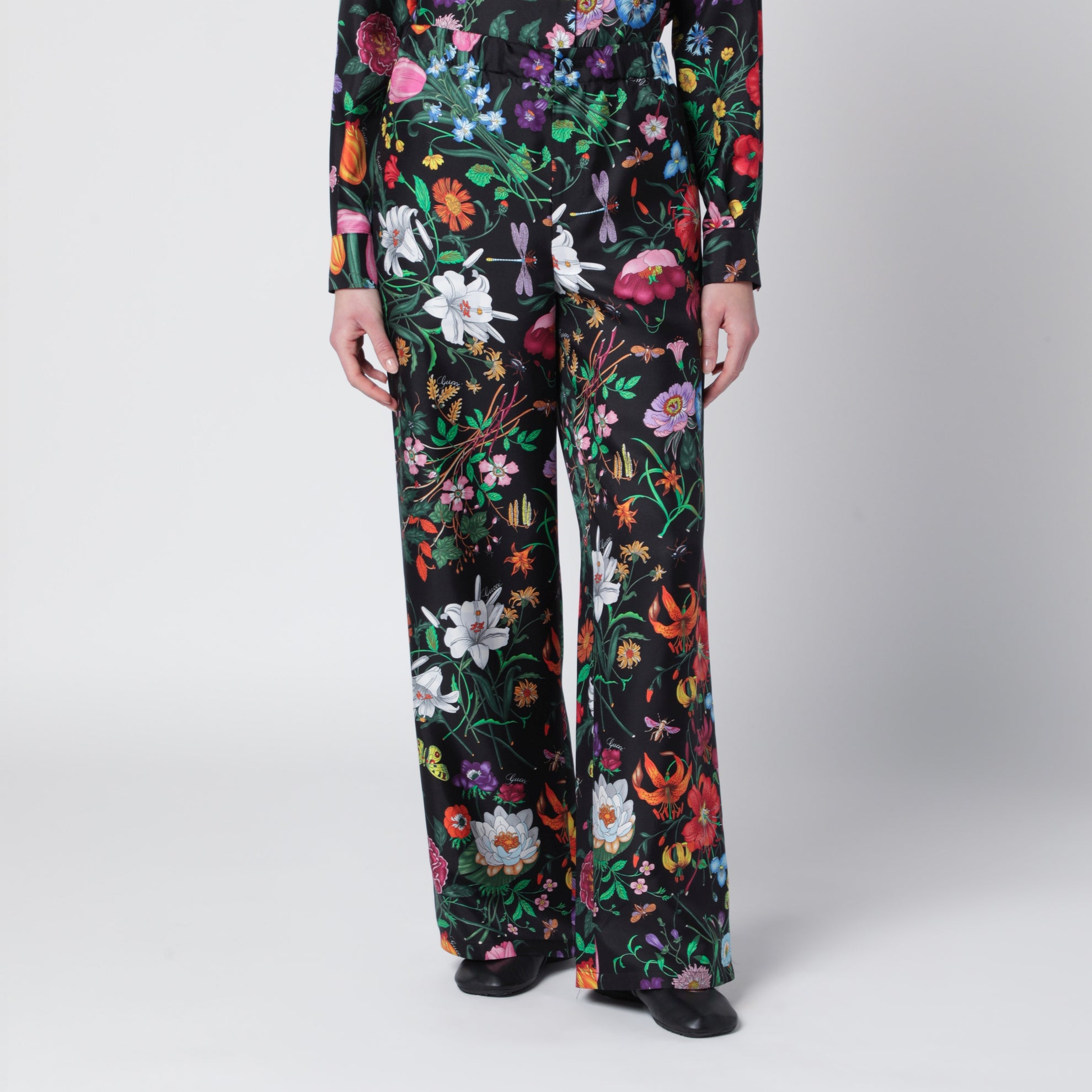 Silk Twill Trousers With Flora Print