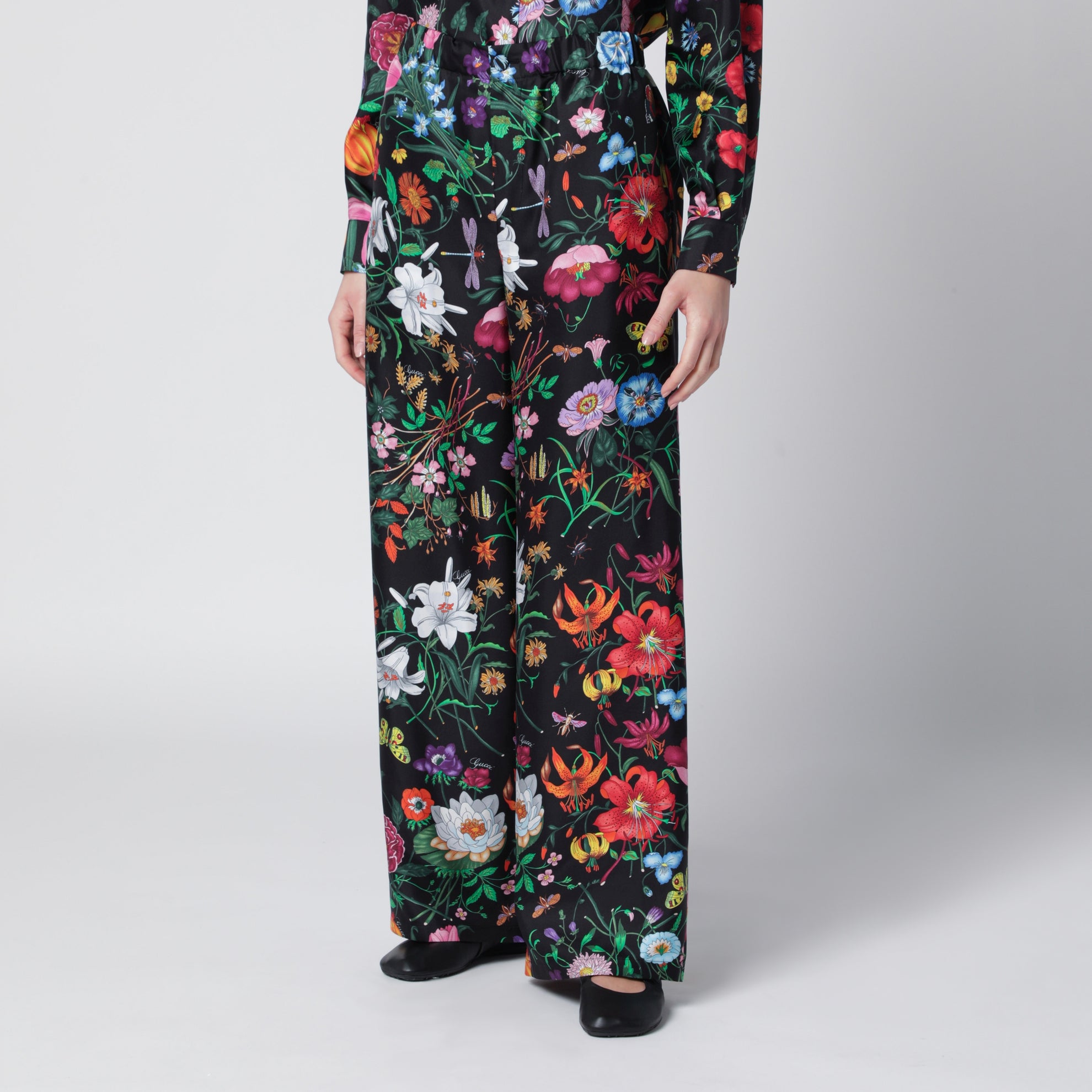 Silk Twill Trousers With Flora Print