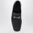 Black leather horsebit loafers with silver hardware