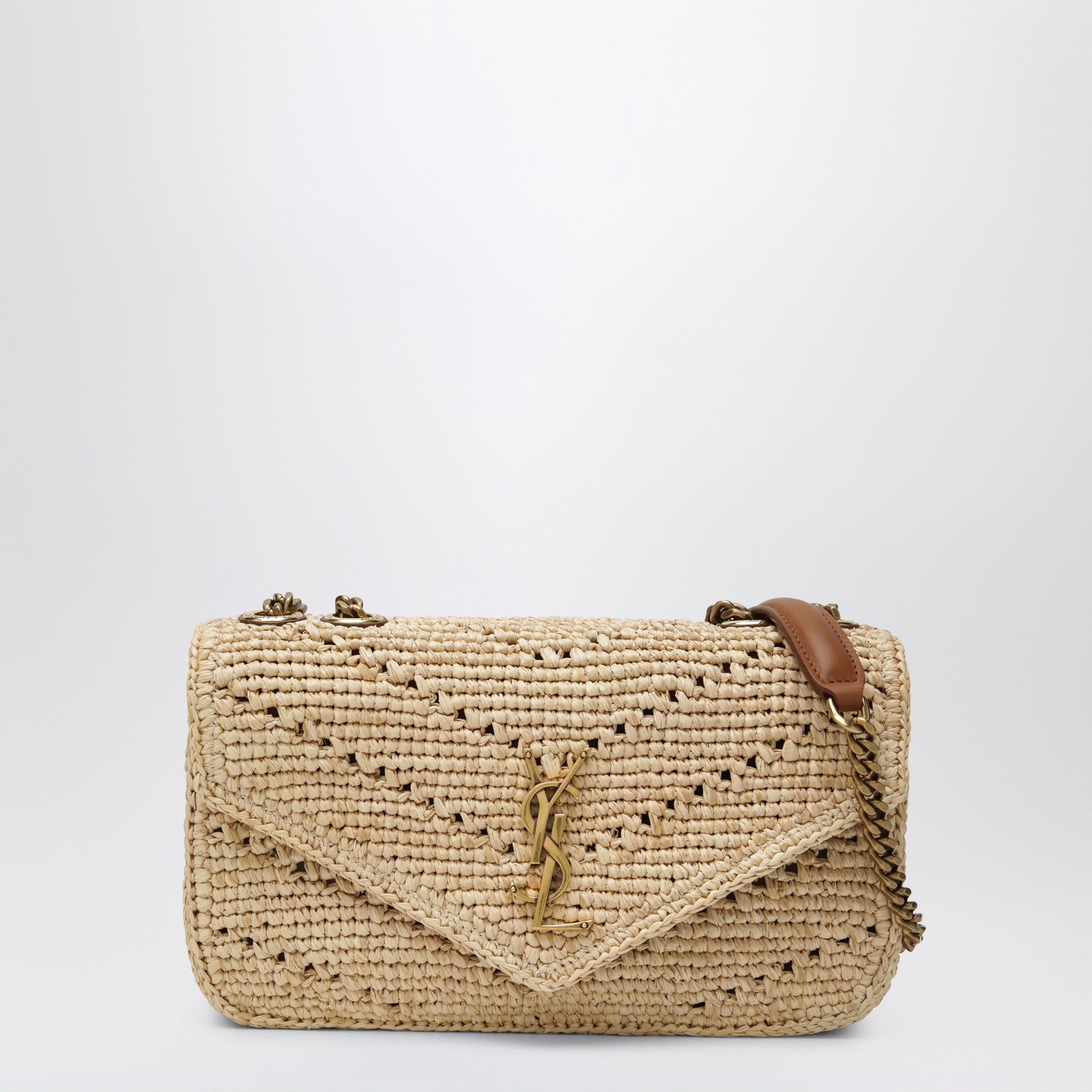 Small Loulou chevron crochet raffia bag in brown