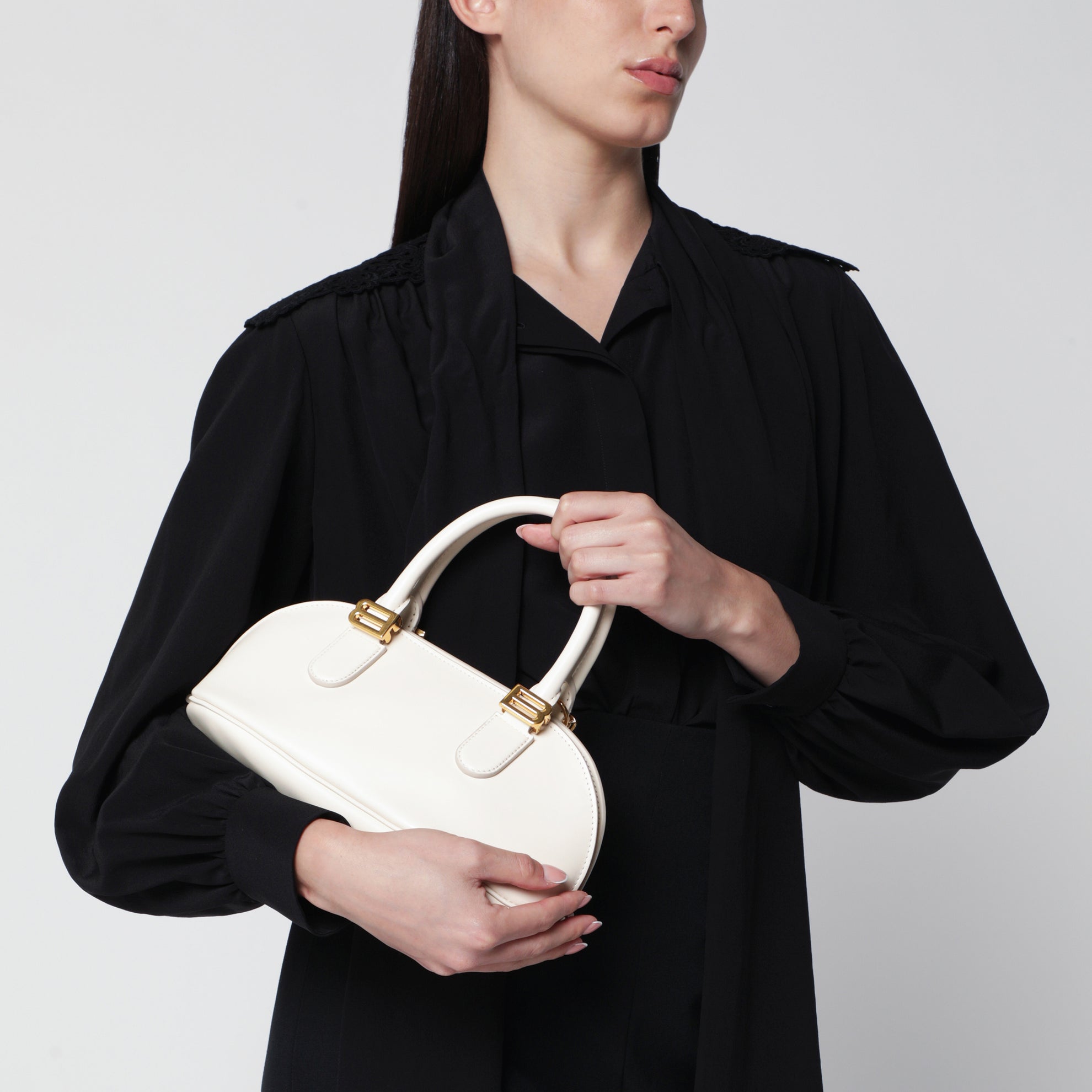 Borsa bowling Bolero Mini in pelle color crema