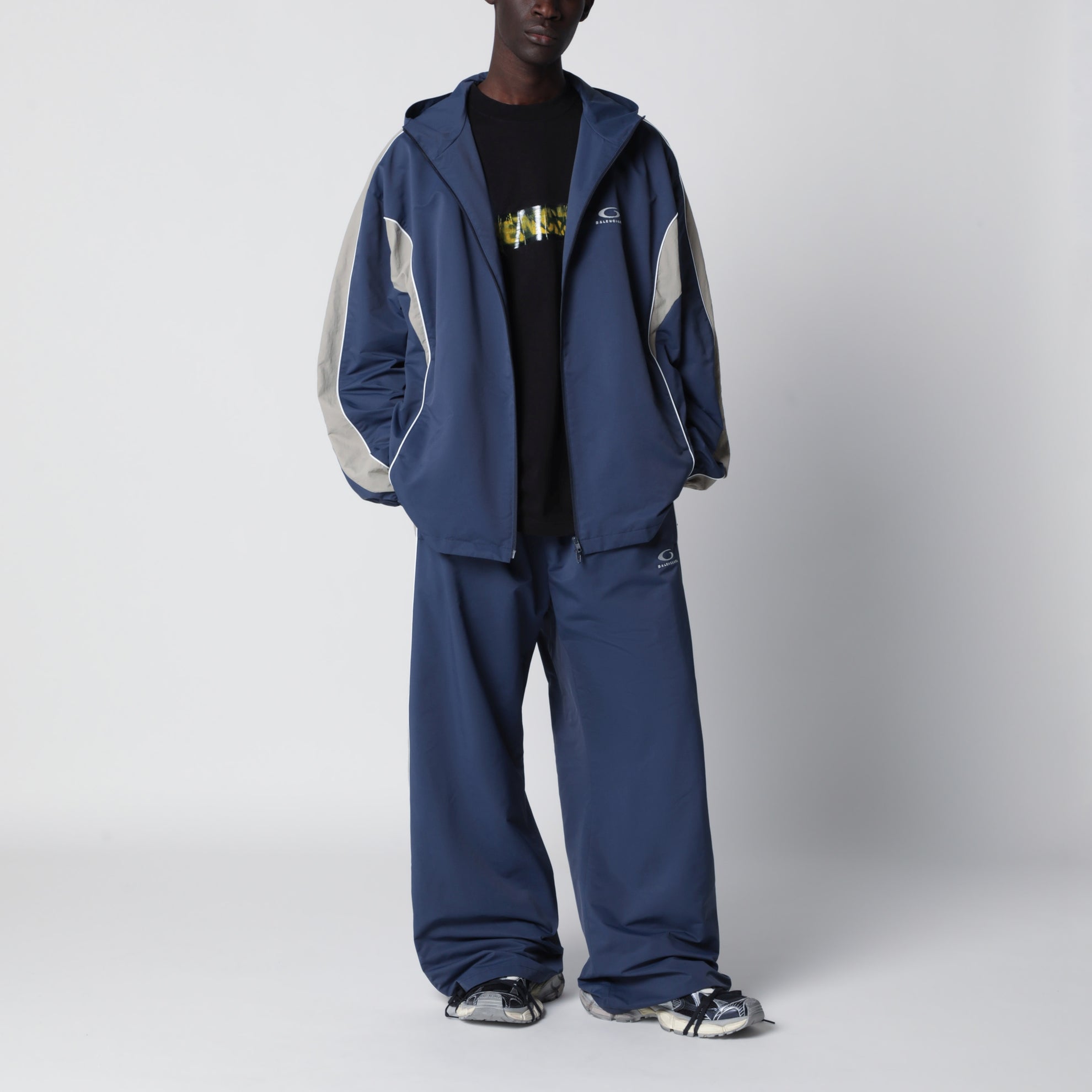Washed technical satin track pants in marine blue