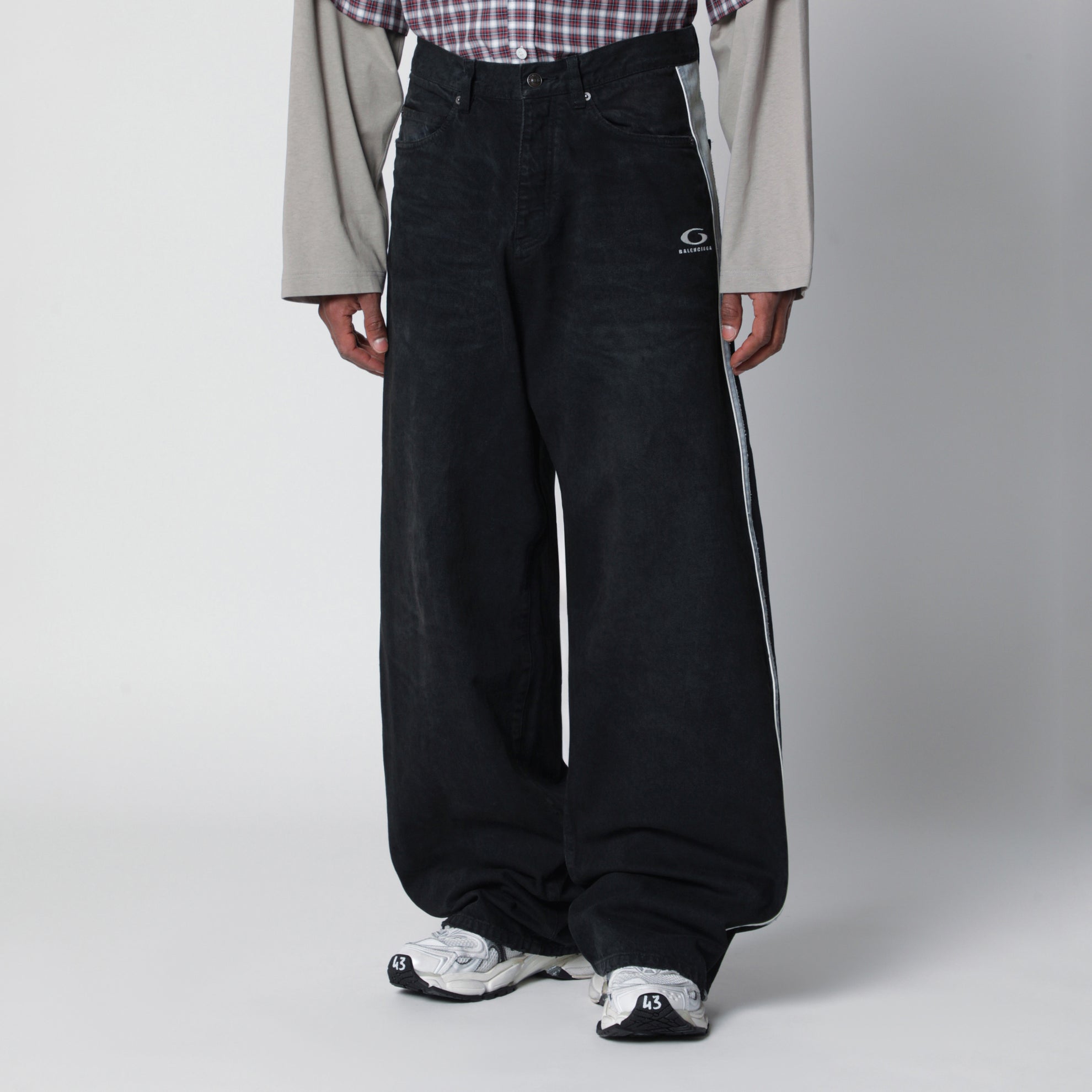 Denim trousers with dark brown and black trims