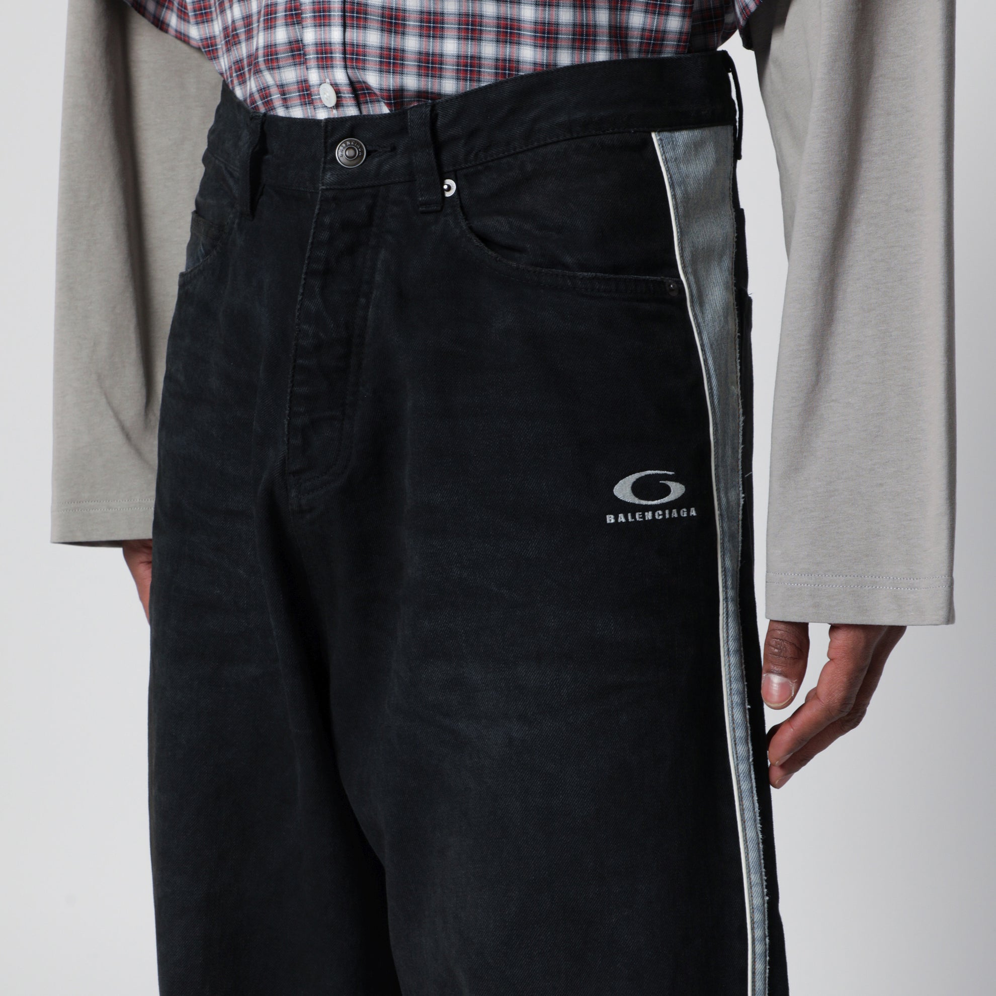 Denim trousers with dark brown and black trims