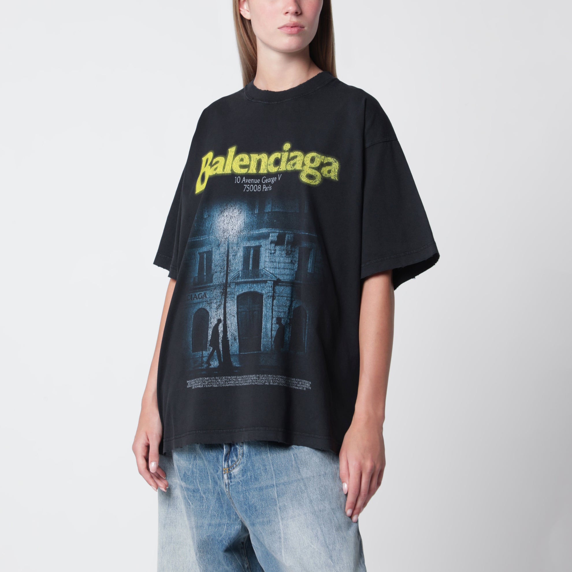 T-shirt oversize noir délavé avec imprimé logo