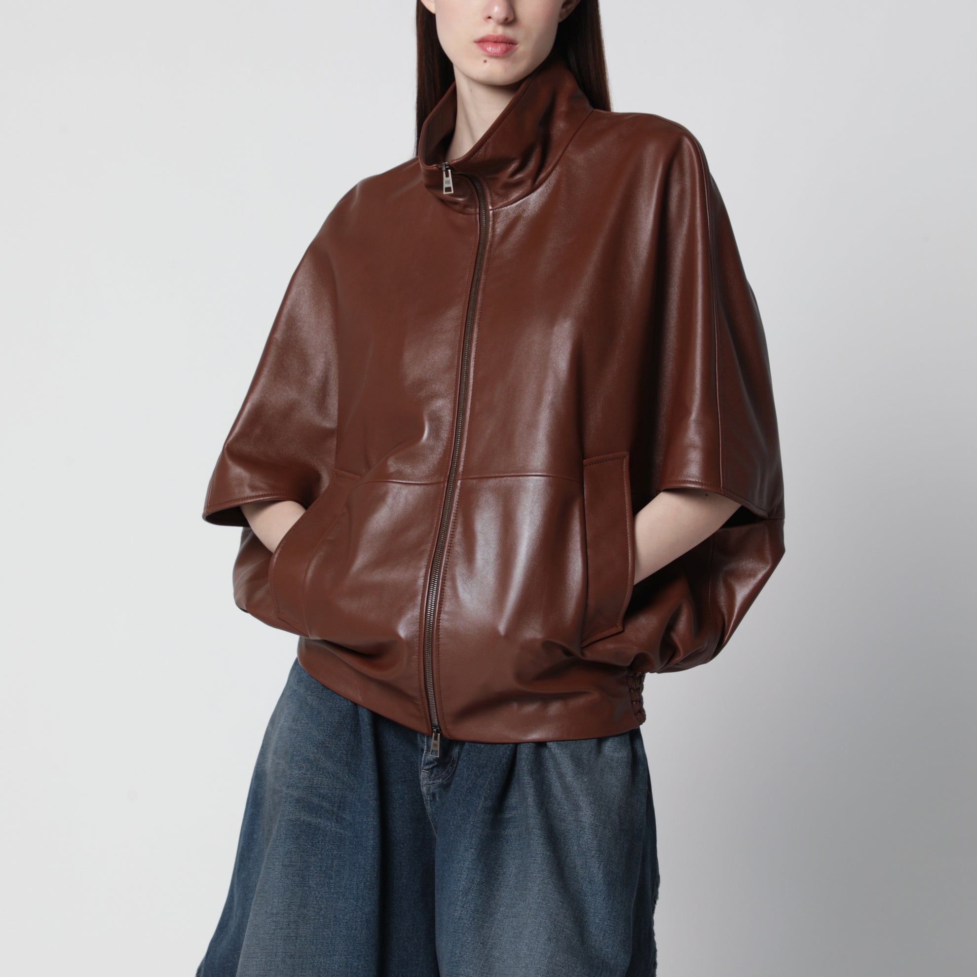 Cooon bomber jacket in lamb leather, castor