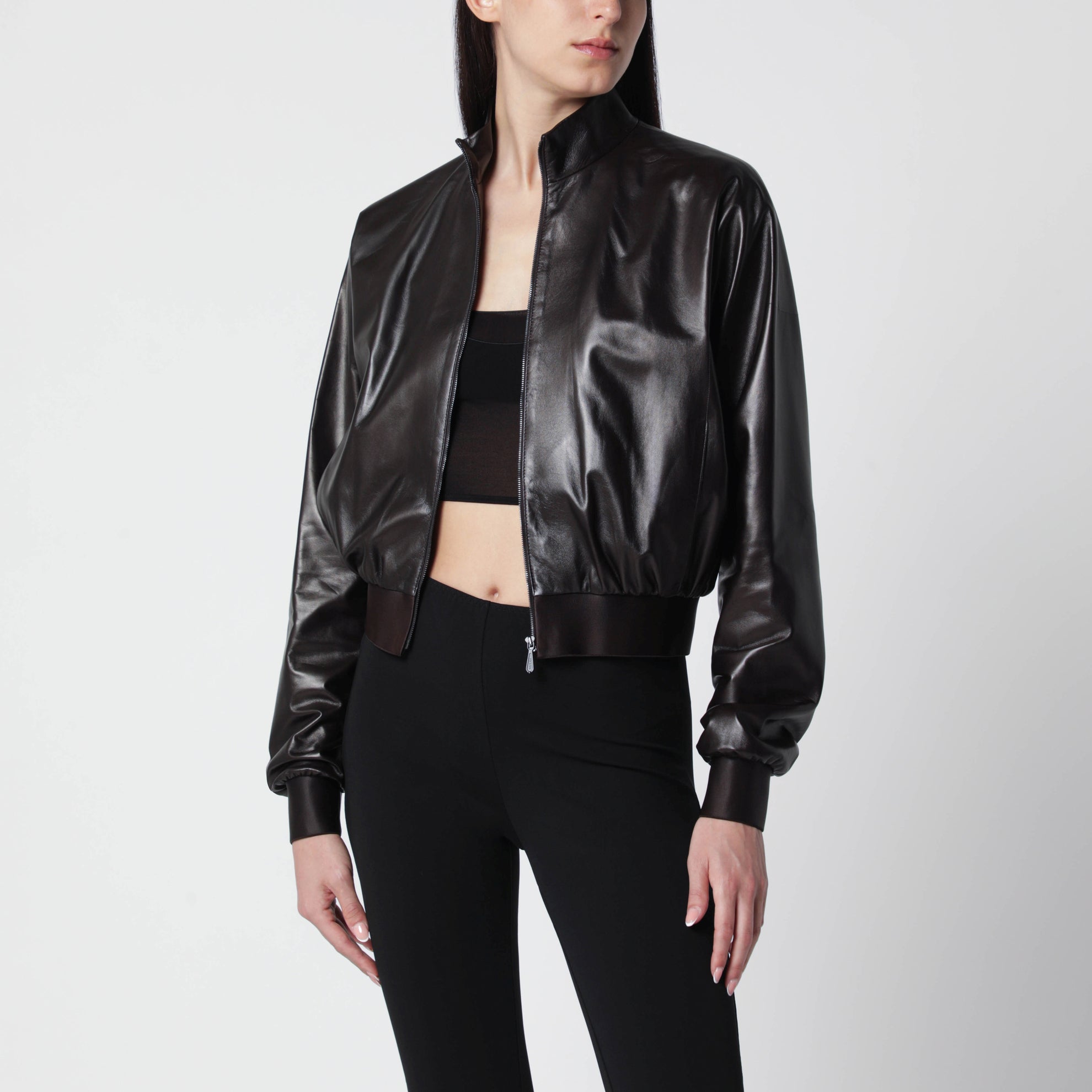 Bomber in nappa morbida marrone scuro