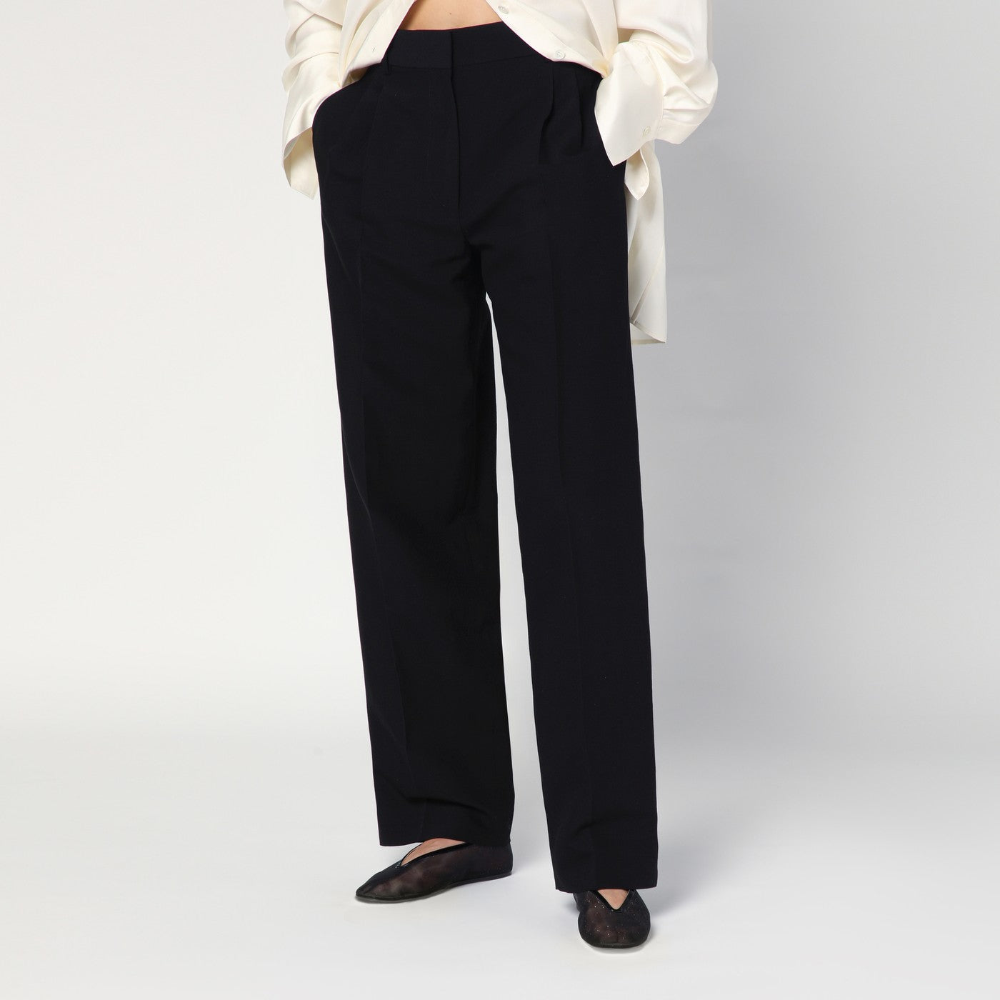 Pantalon Lilas noir en laine et lin