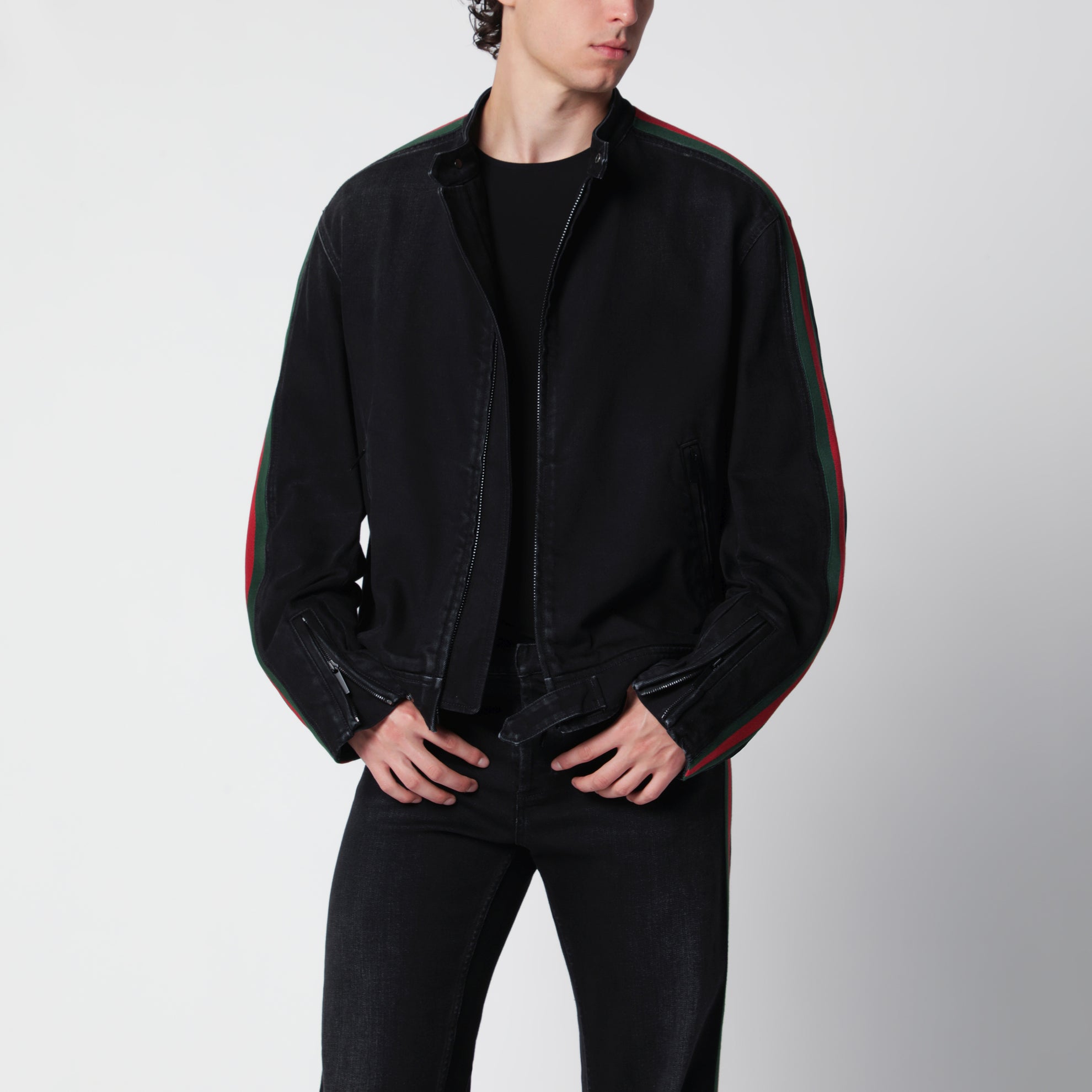 Giacca biker in denim di cotone con nastro Web nera
