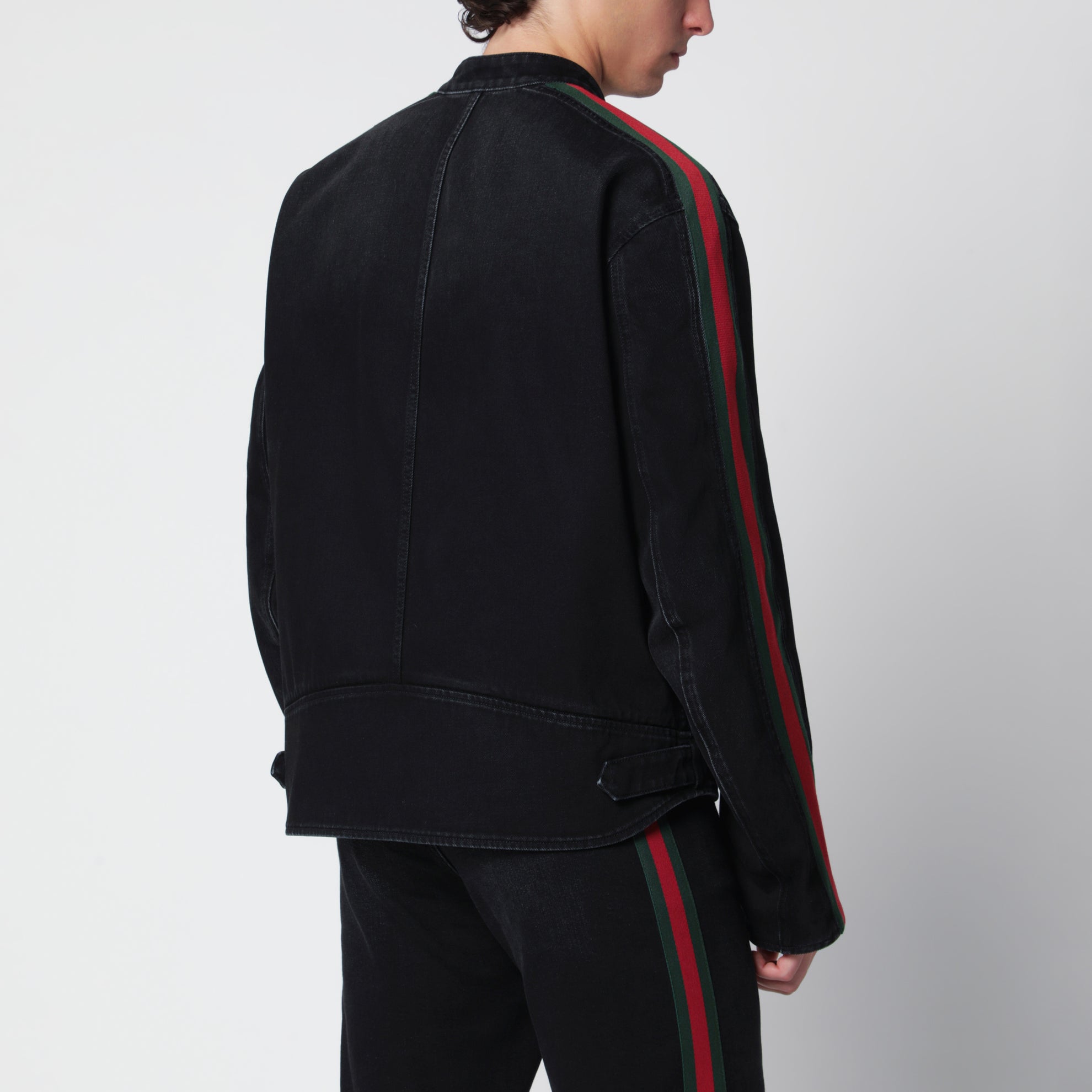 Giacca biker in denim di cotone con nastro Web nera