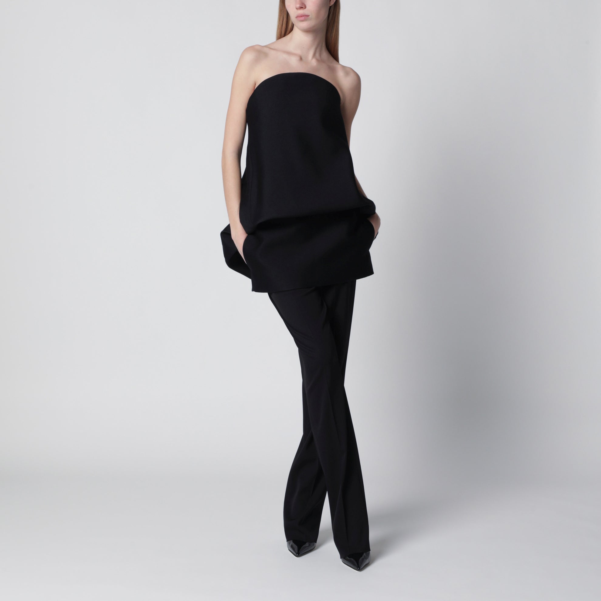 Mini balloon bustier dress in wool and silk black