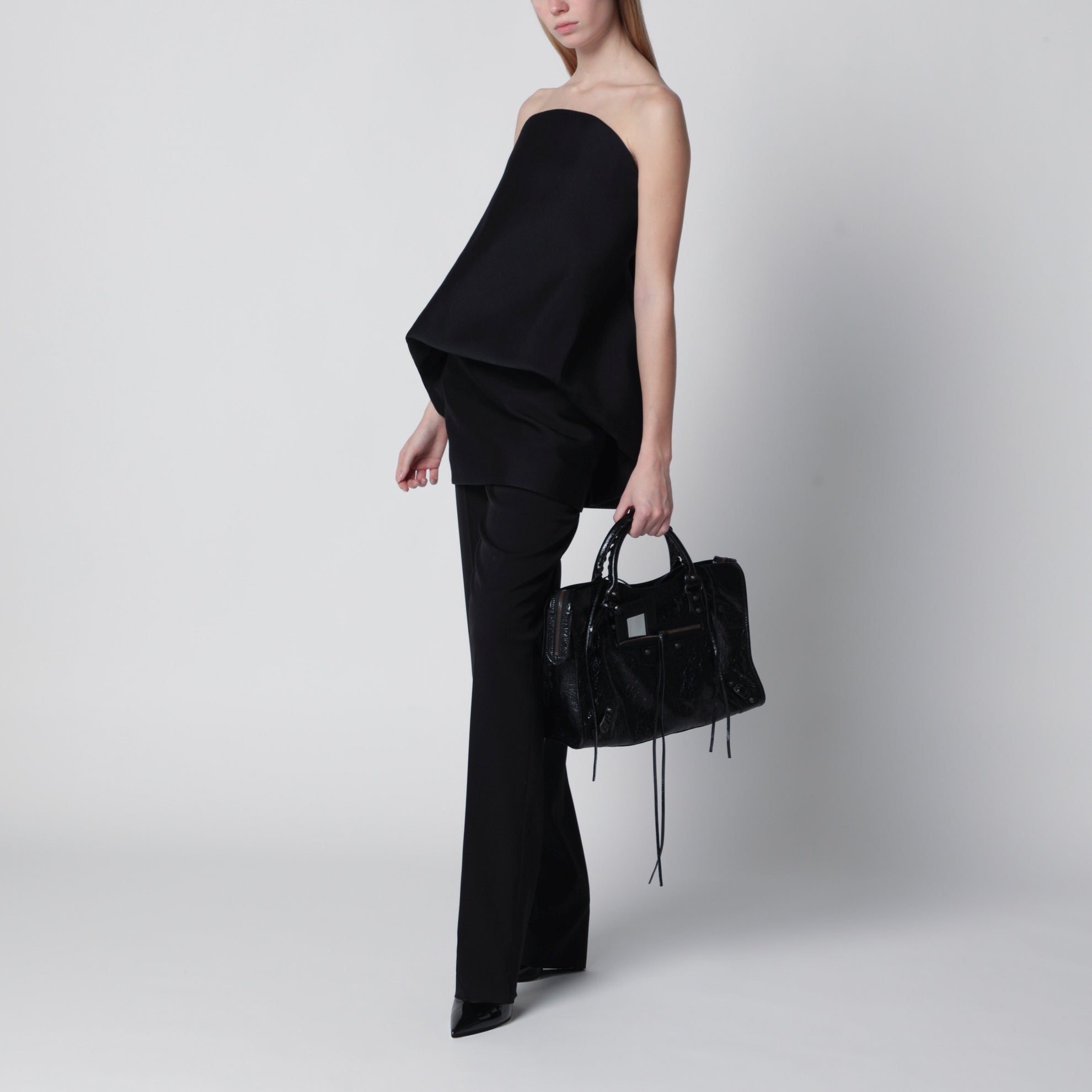 Mini balloon bustier dress in wool and silk black