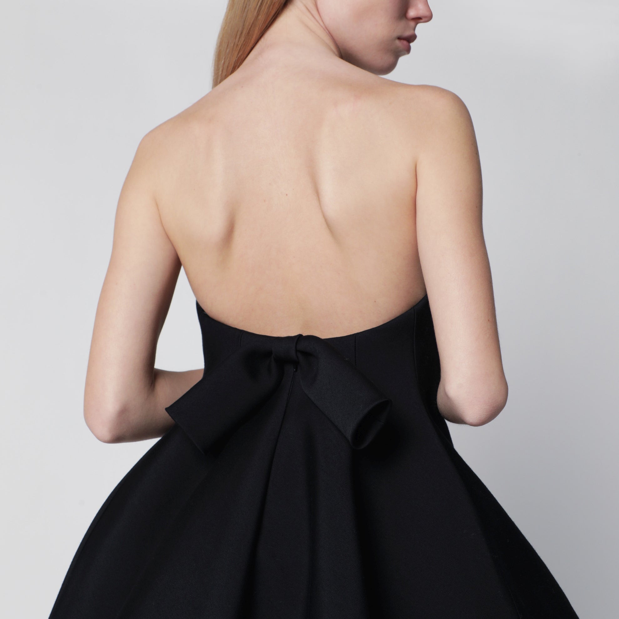 Mini balloon bustier dress in wool and silk black