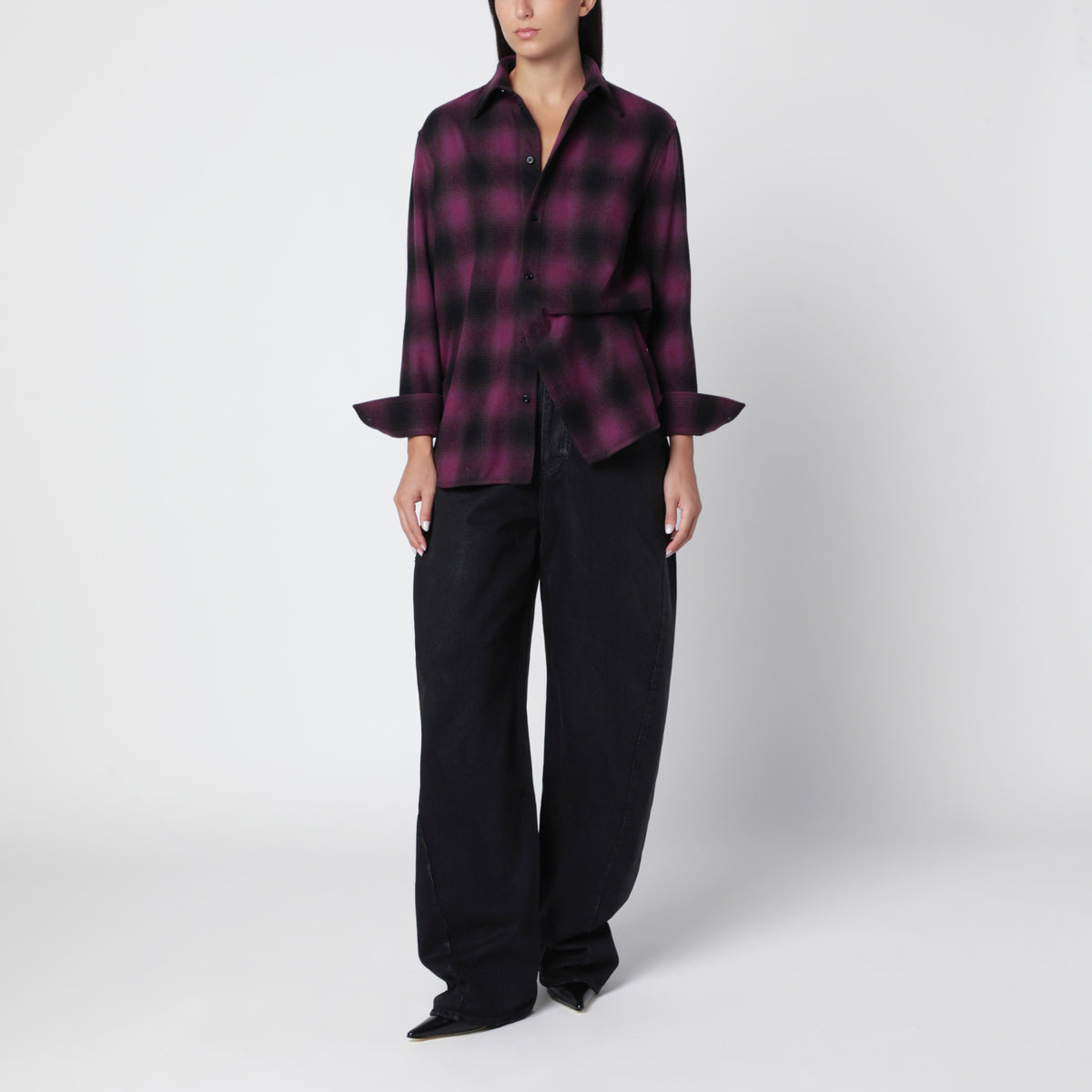 Purple/black checked shirt in wool blend