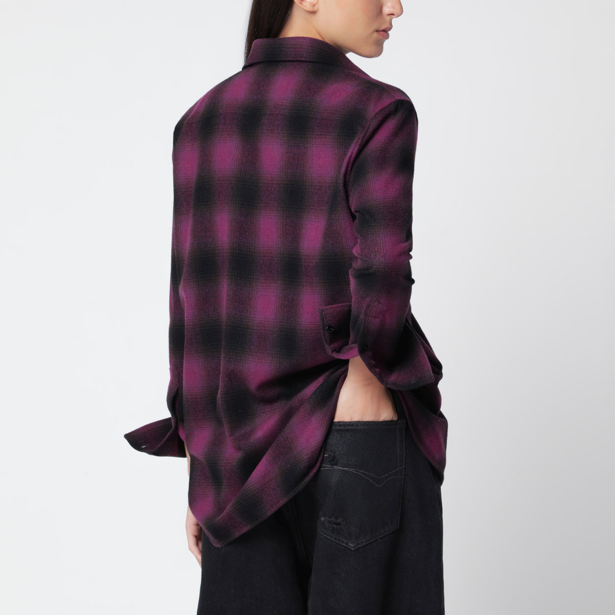 Purple/black checked shirt in wool blend