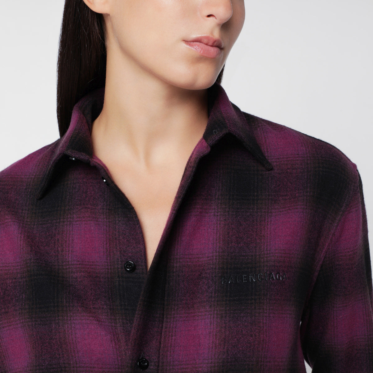 Purple/black checked shirt in wool blend