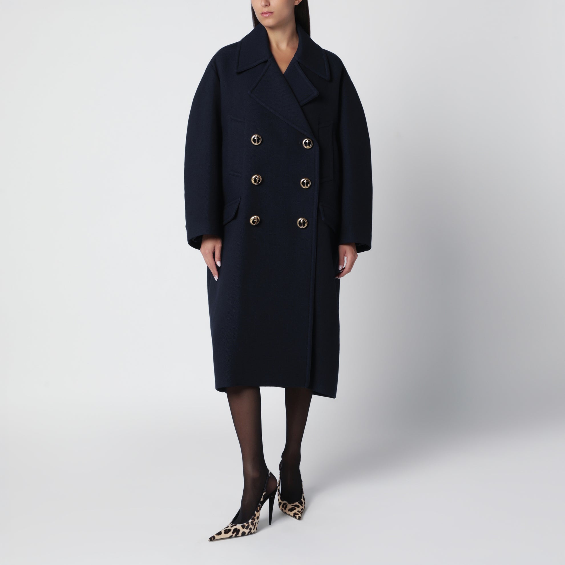 Long navy textured wool pea coat