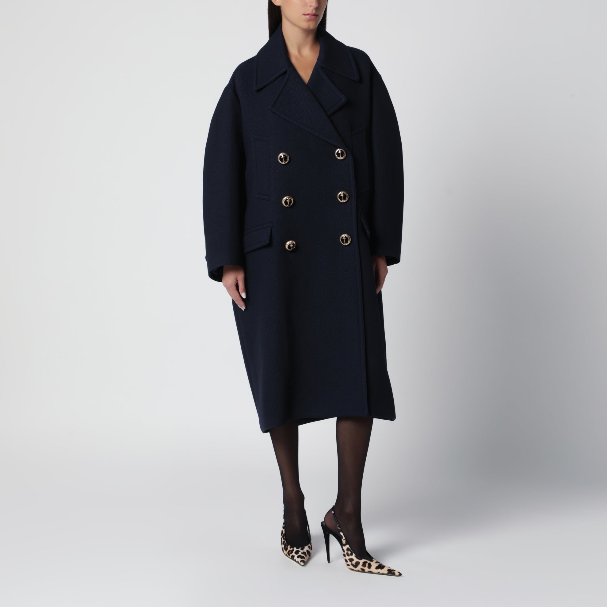 Long navy textured wool pea coat